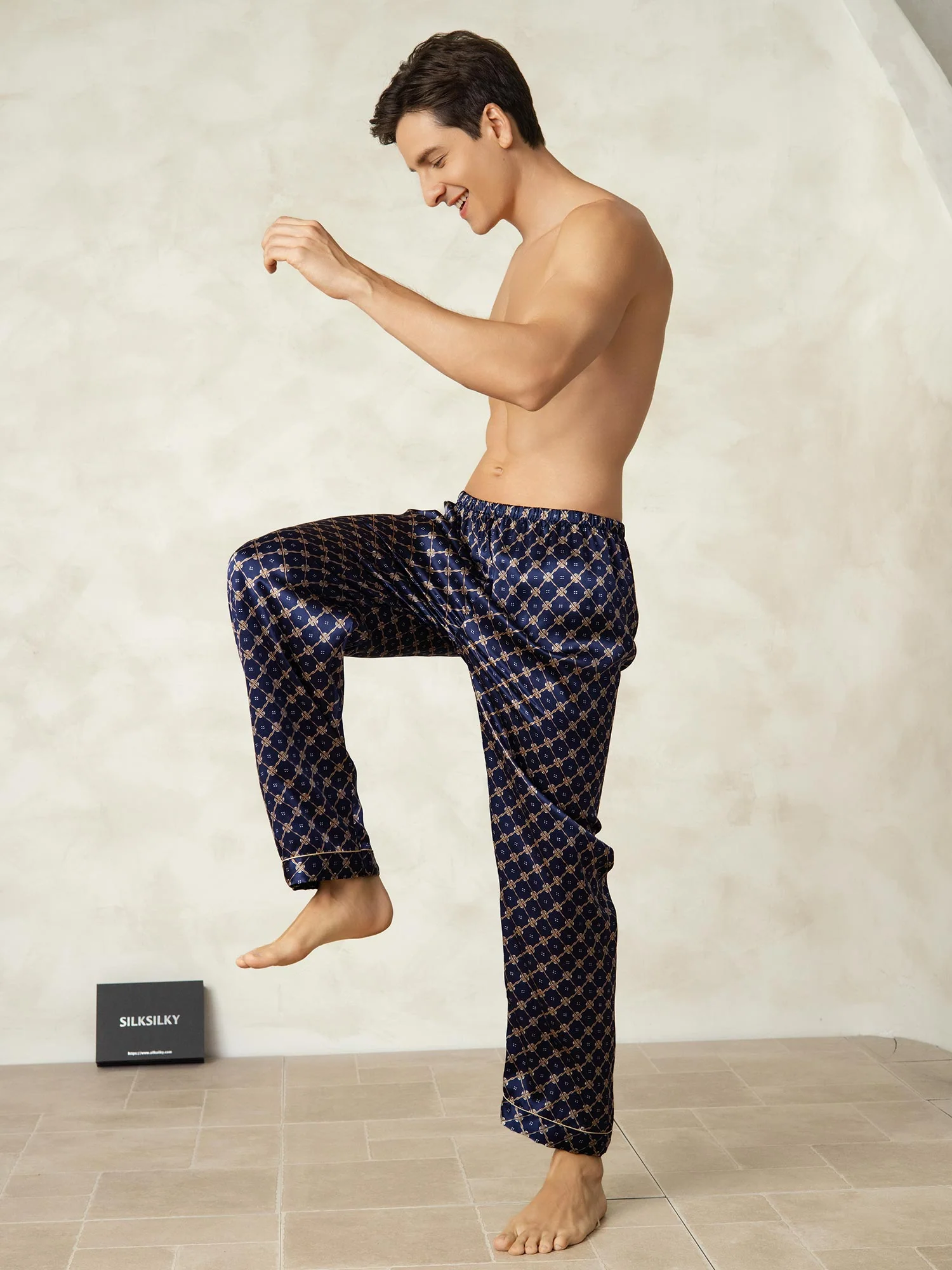 Men's Pure Silk Navy Chain Print Sleep Pants with Elastic Waist - Image 5