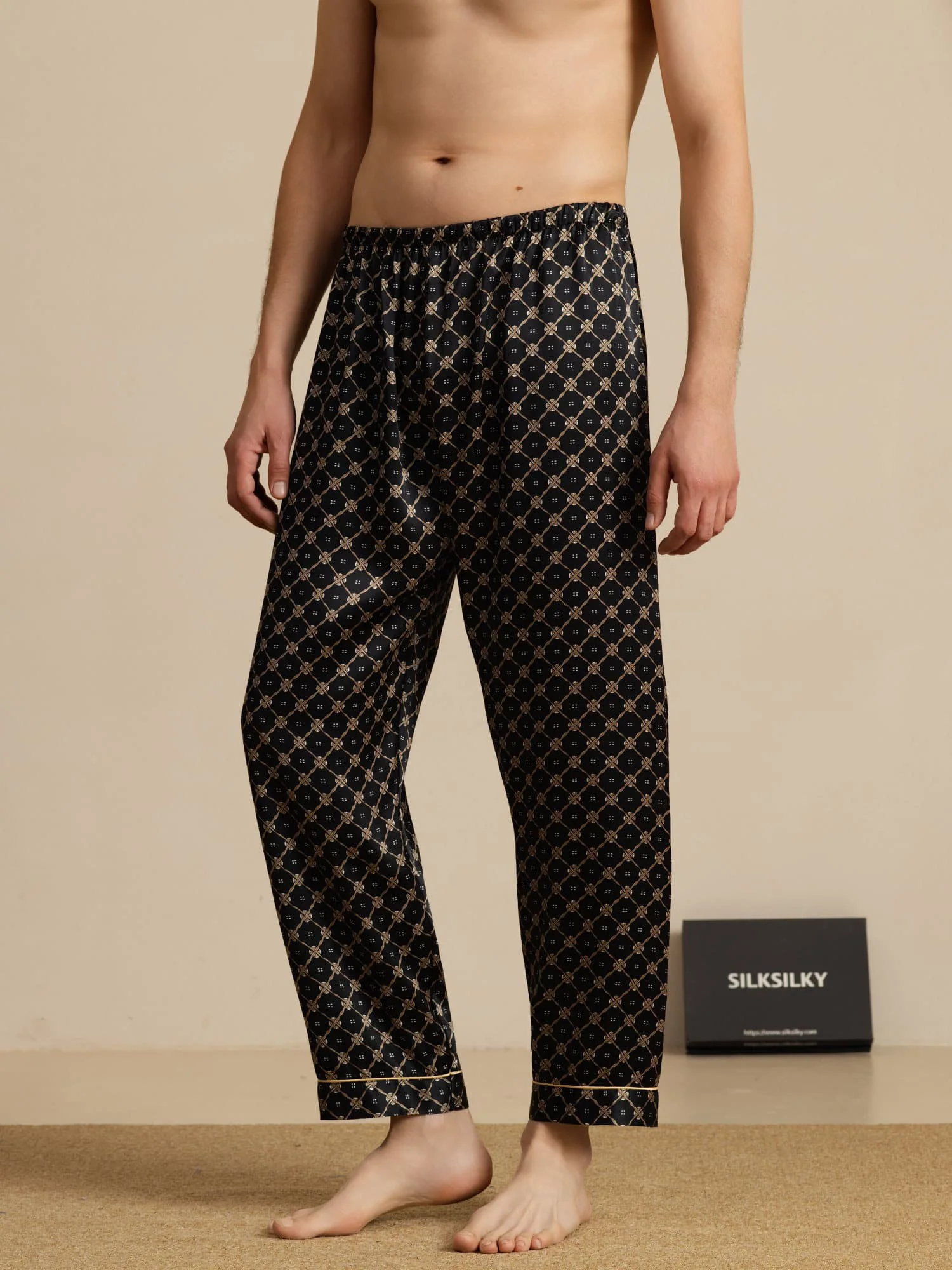 Men's Pure Silk Navy Chain Print Sleep Pants with Elastic Waist - Image 7