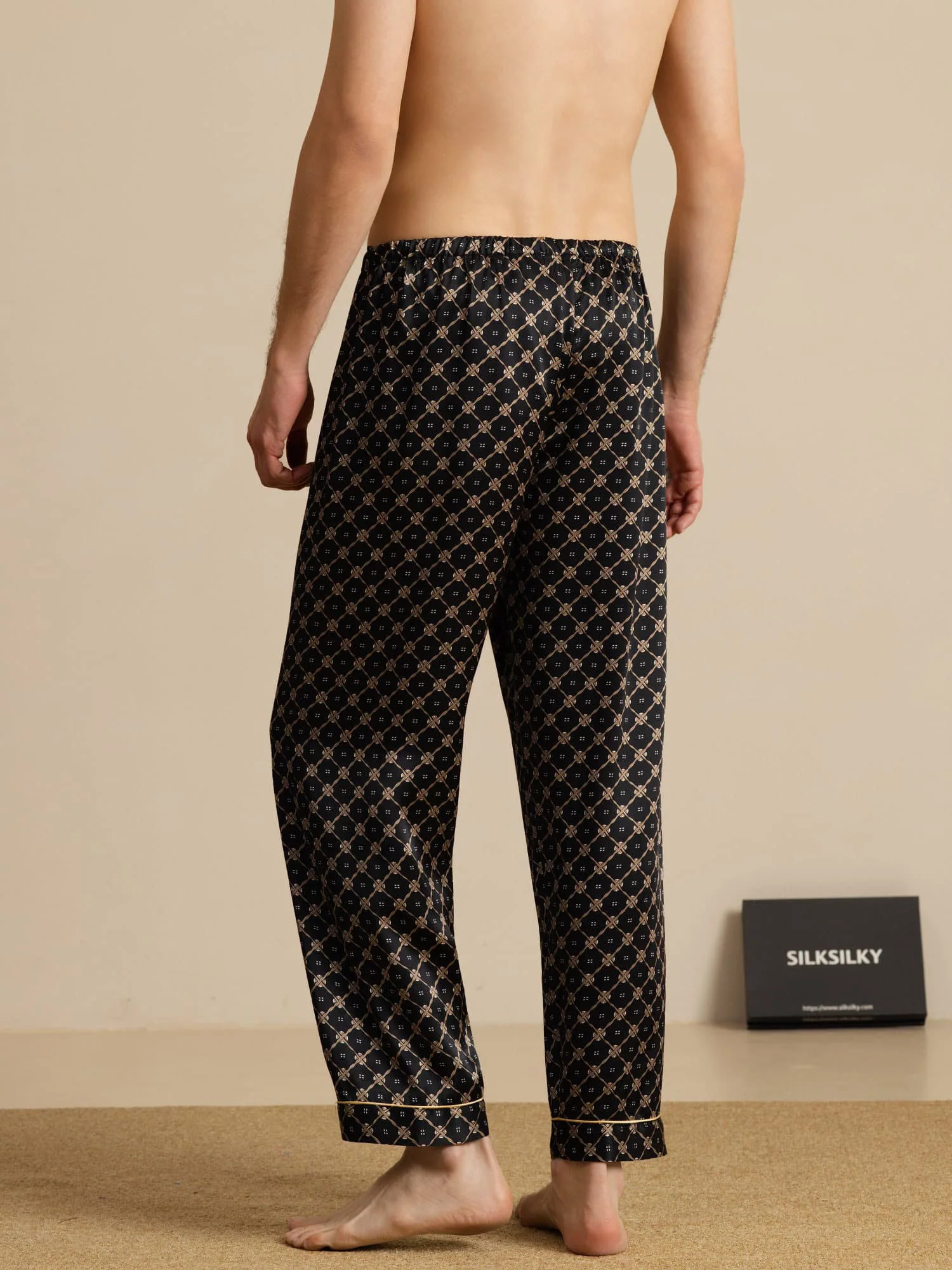 Men's Pure Silk Navy Chain Print Sleep Pants with Elastic Waist - Image 8