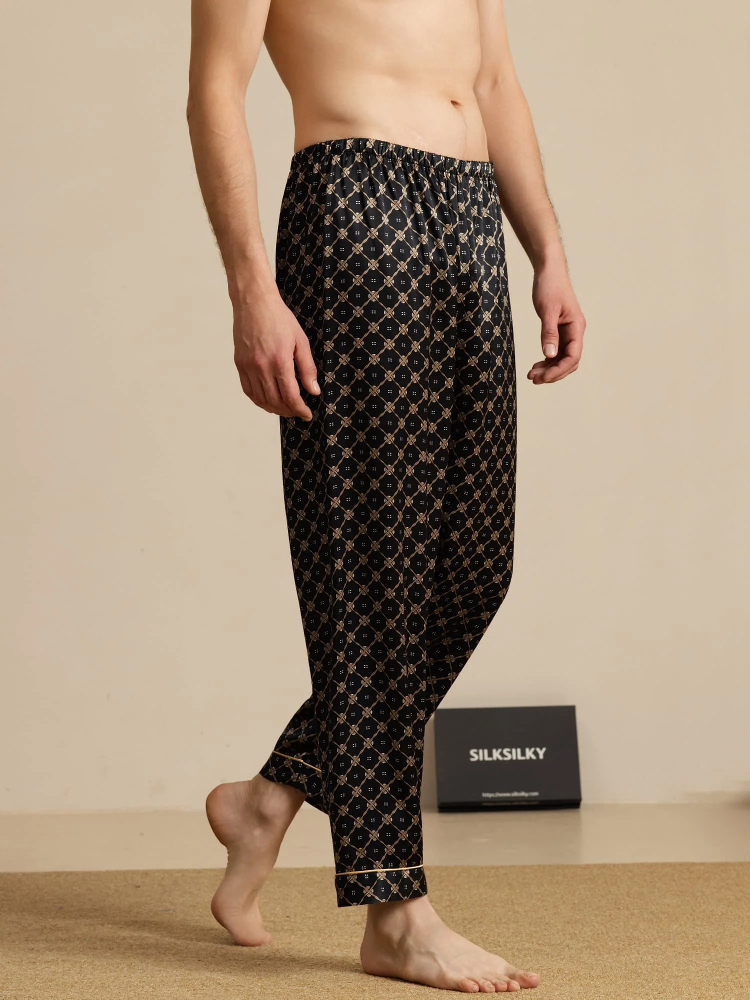 Men's Pure Silk Navy Chain Print Sleep Pants with Elastic Waist - Image 9