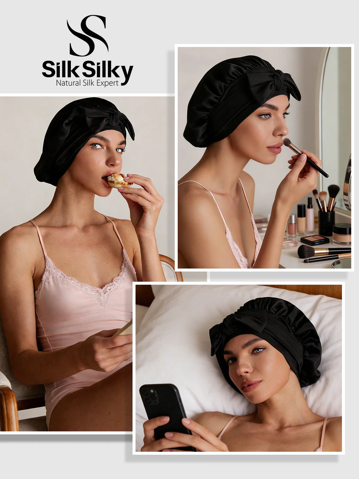 100% Mulberry Silk Bonnet Bowknot Tie Sleep Cap for Hair Protection - Image 11