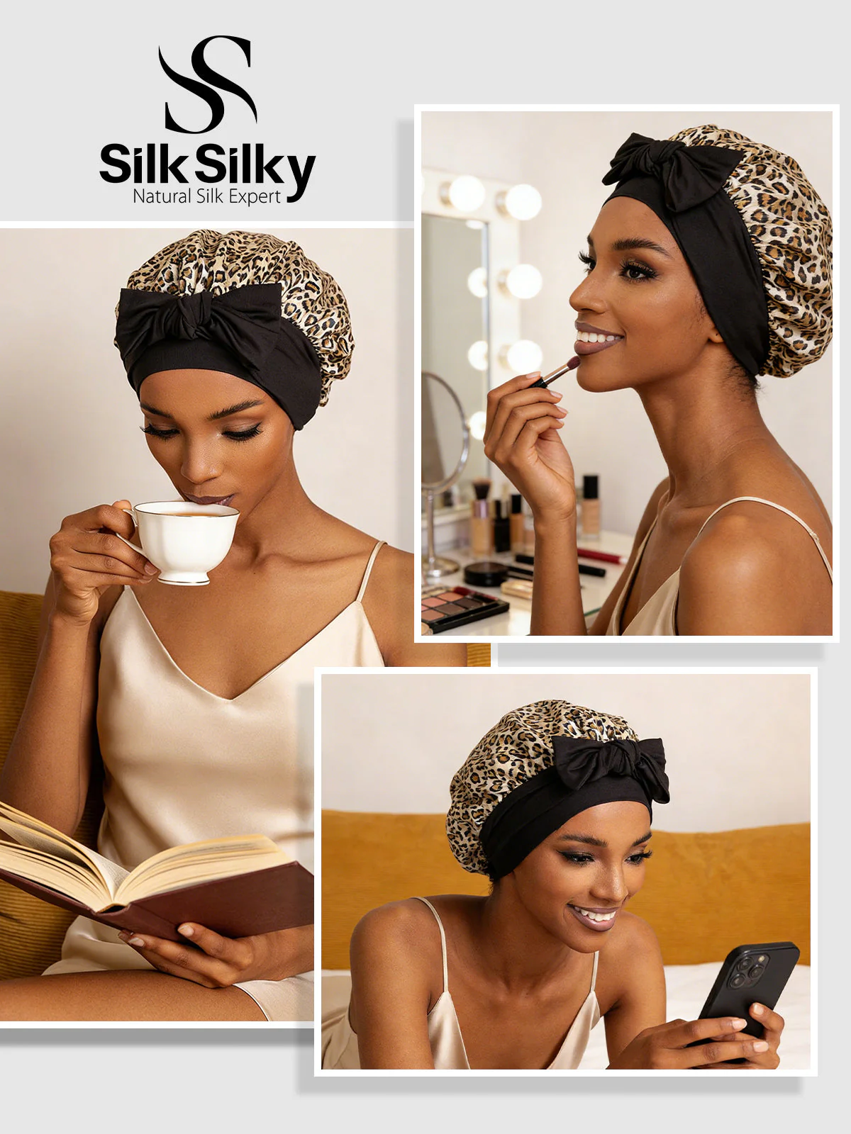 100% Mulberry Silk Bonnet Bowknot Tie Sleep Cap for Hair Protection - Image 17