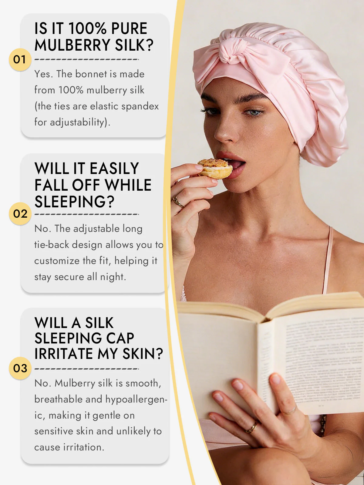 100% Mulberry Silk Bonnet Bowknot Tie Sleep Cap for Hair Protection - Image 24