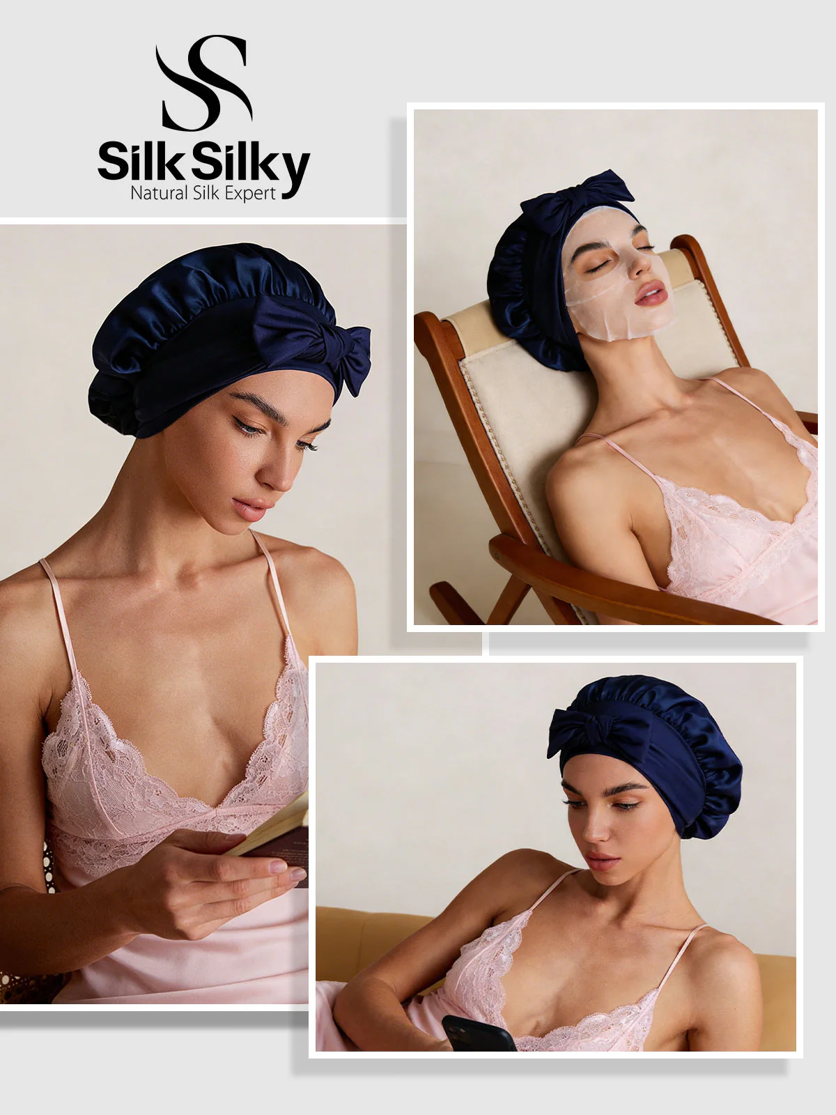 100% Mulberry Silk Bonnet Bowknot Tie Sleep Cap for Hair Protection - Image 29