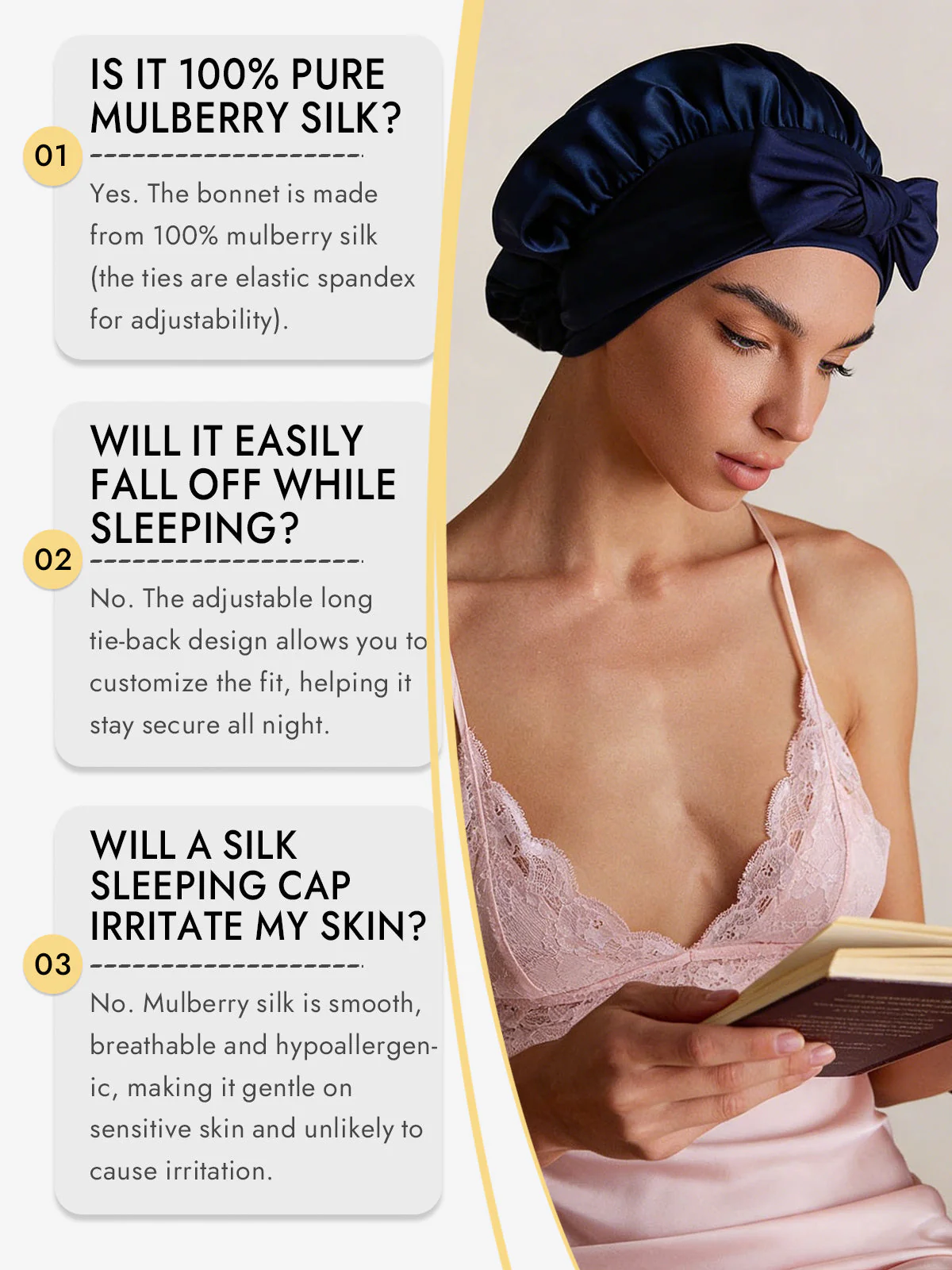 100% Mulberry Silk Bonnet Bowknot Tie Sleep Cap for Hair Protection - Image 30