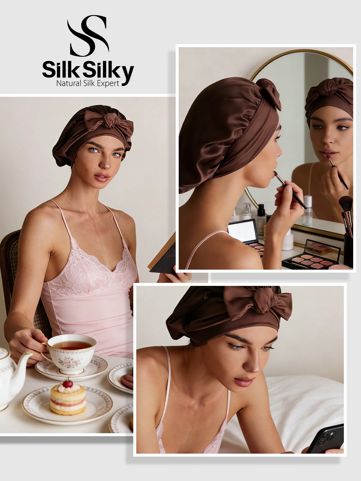 100% Mulberry Silk Bonnet Bowknot Tie Sleep Cap for Hair Protection - Image 35