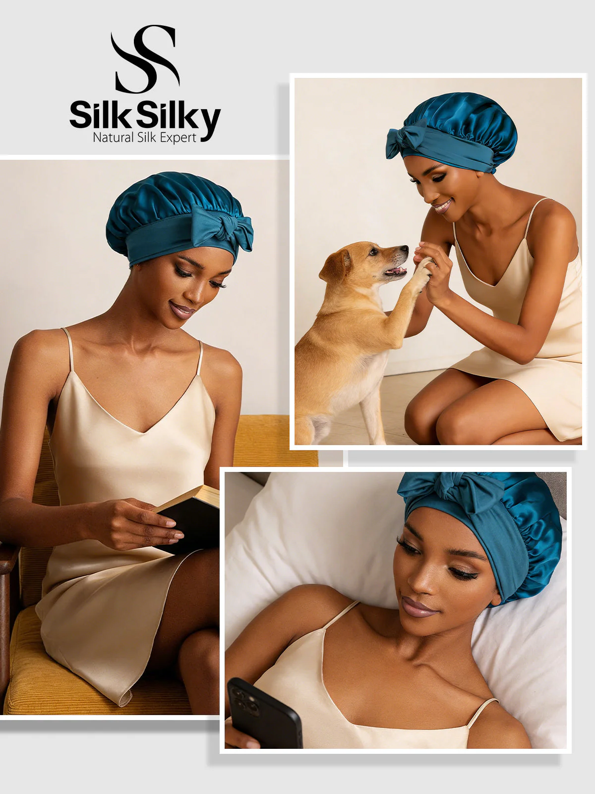 100% Mulberry Silk Bonnet Bowknot Tie Sleep Cap for Hair Protection - Image 41