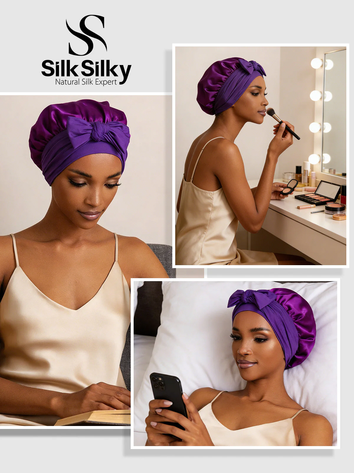 100% Mulberry Silk Bonnet Bowknot Tie Sleep Cap for Hair Protection - Image 47