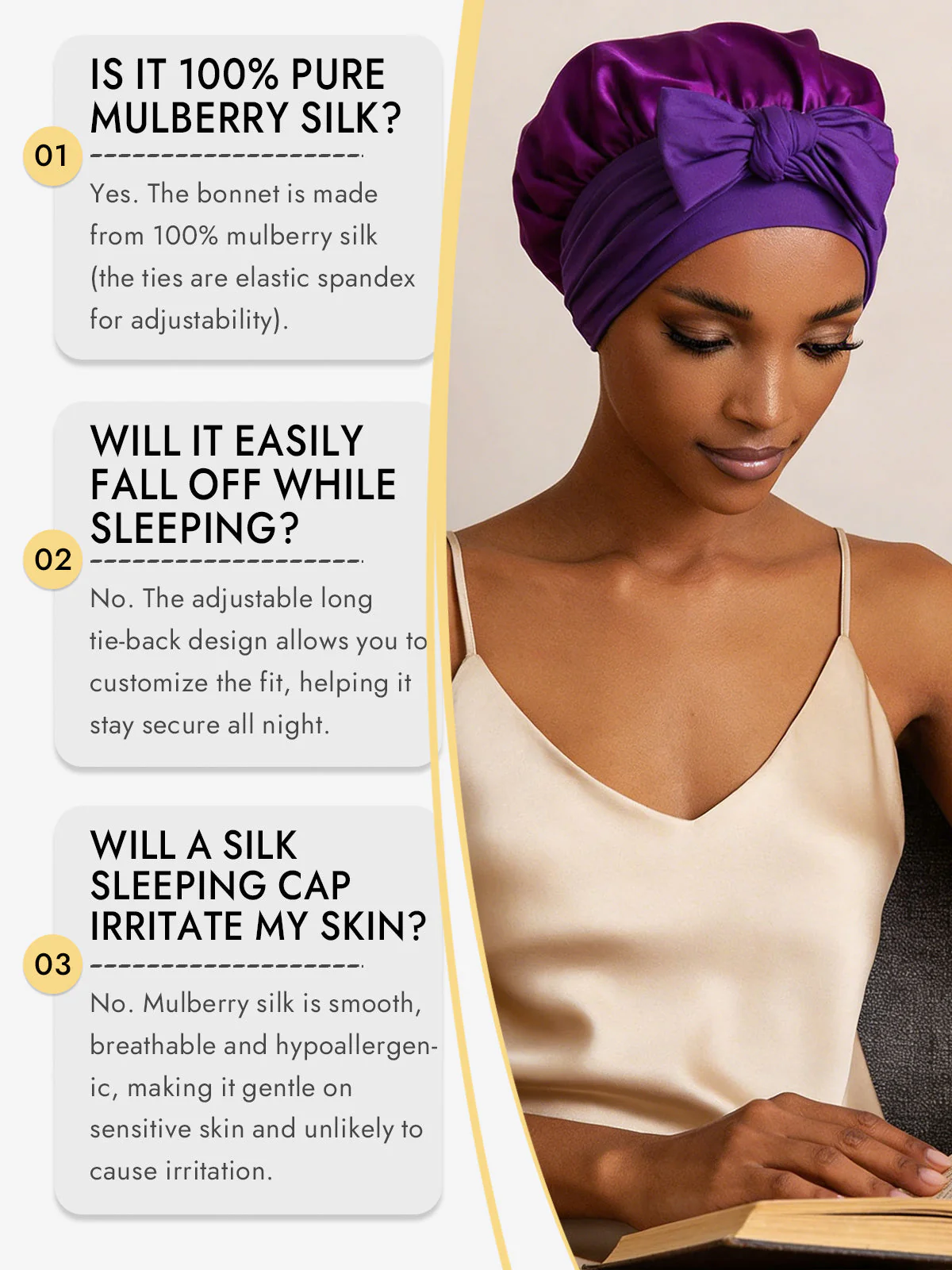 100% Mulberry Silk Bonnet Bowknot Tie Sleep Cap for Hair Protection - Image 48