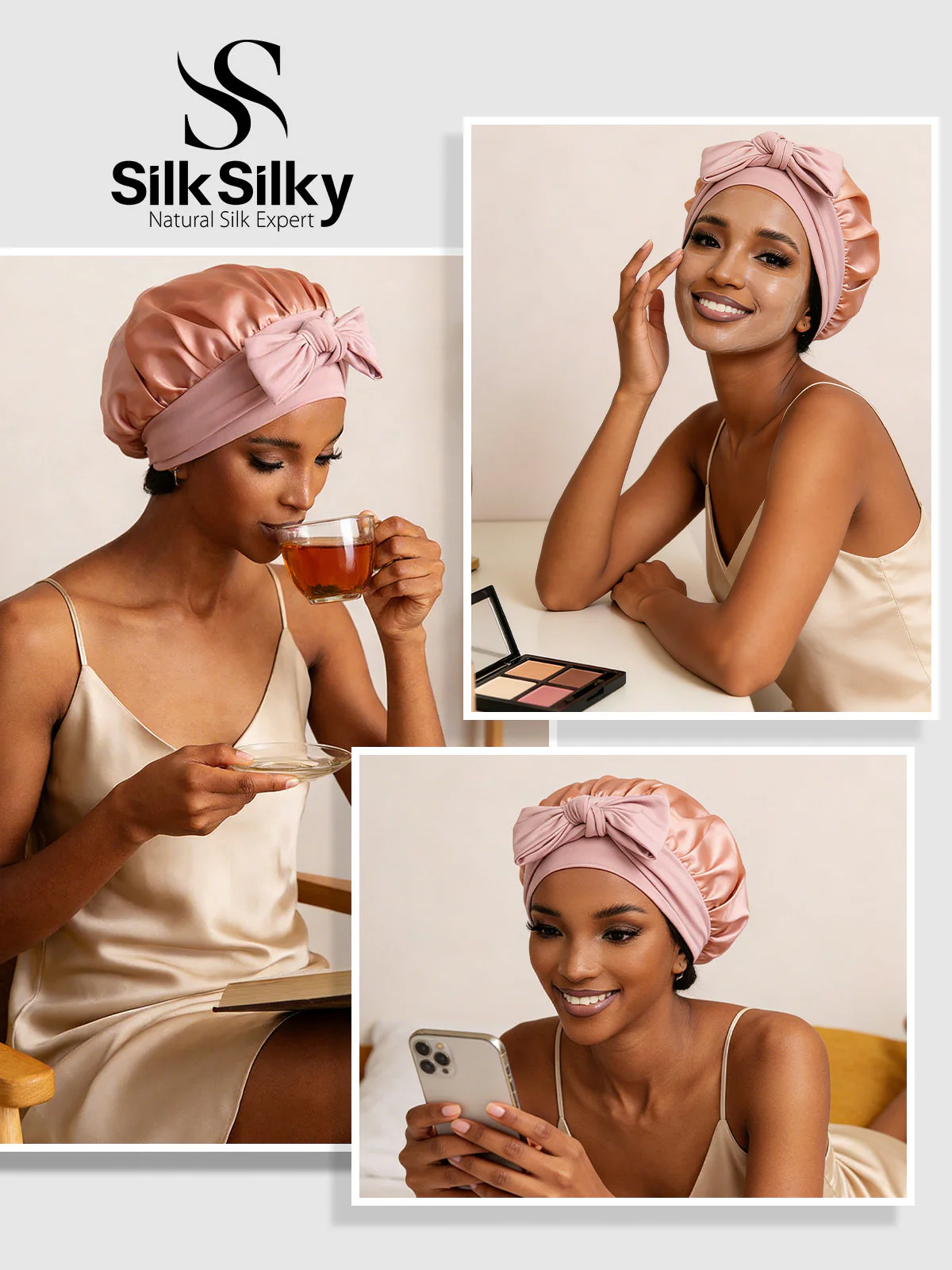 100% Mulberry Silk Bonnet Bowknot Tie Sleep Cap for Hair Protection - Image 5