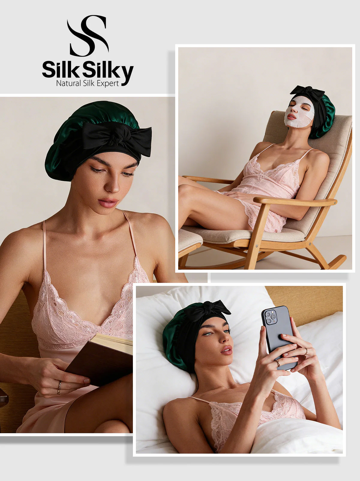 100% Mulberry Silk Bonnet Bowknot Tie Sleep Cap for Hair Protection - Image 53