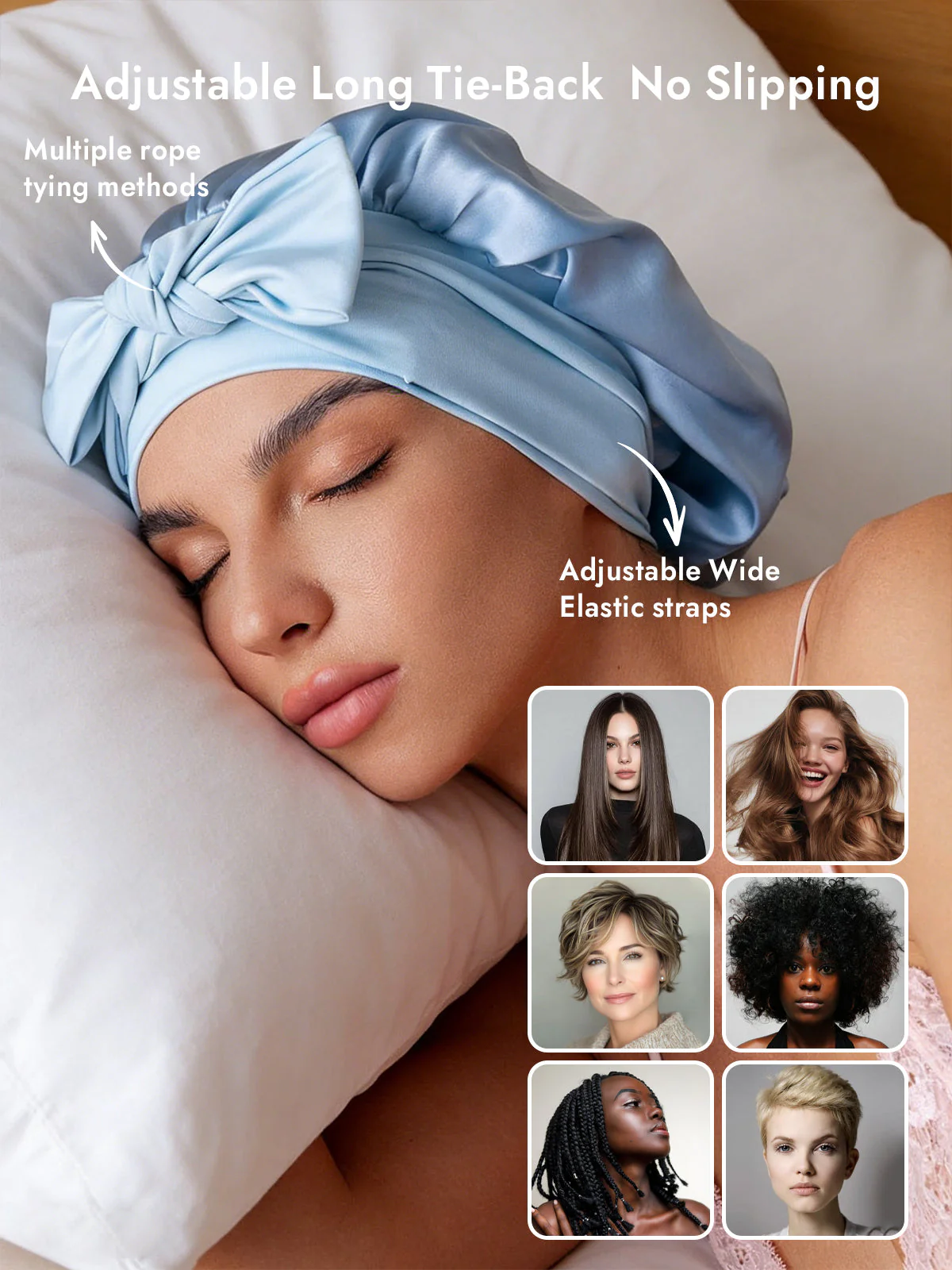 100% Mulberry Silk Bonnet Bowknot Tie Sleep Cap for Hair Protection - Image 58