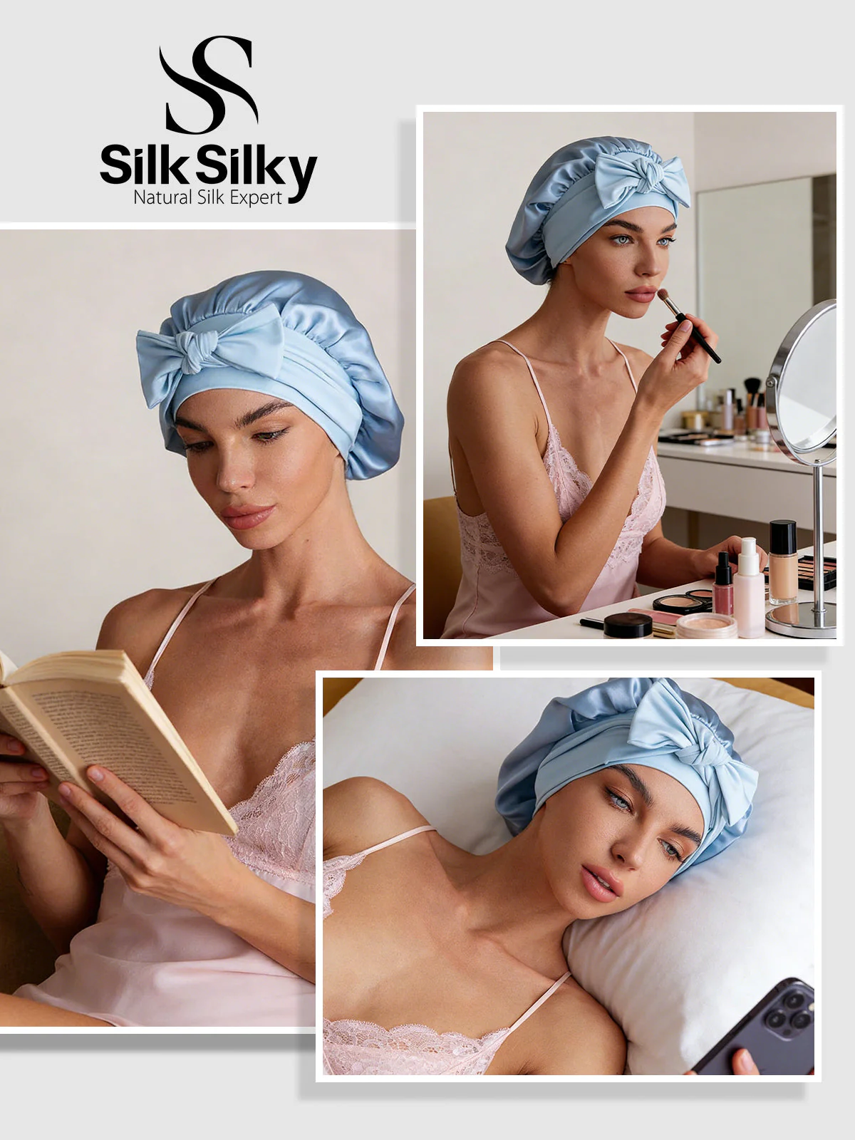 100% Mulberry Silk Bonnet Bowknot Tie Sleep Cap for Hair Protection - Image 59