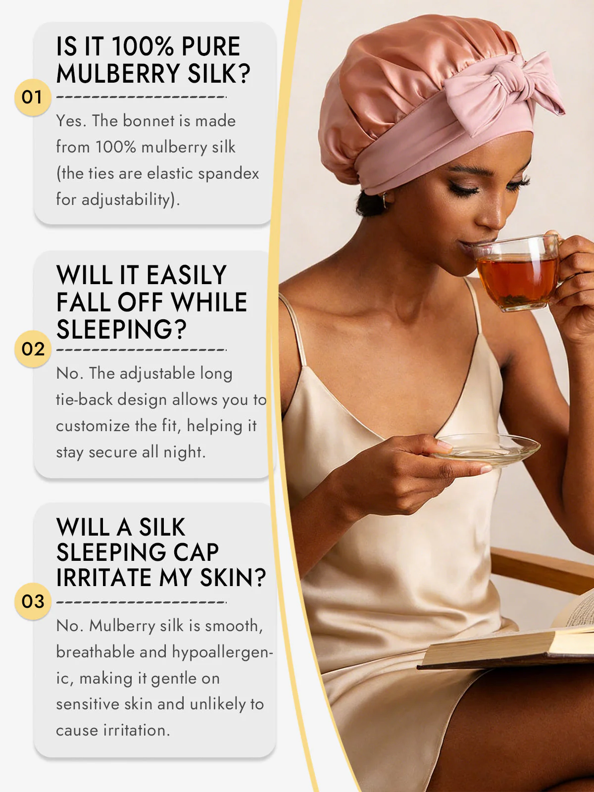 100% Mulberry Silk Bonnet Bowknot Tie Sleep Cap for Hair Protection - Image 6