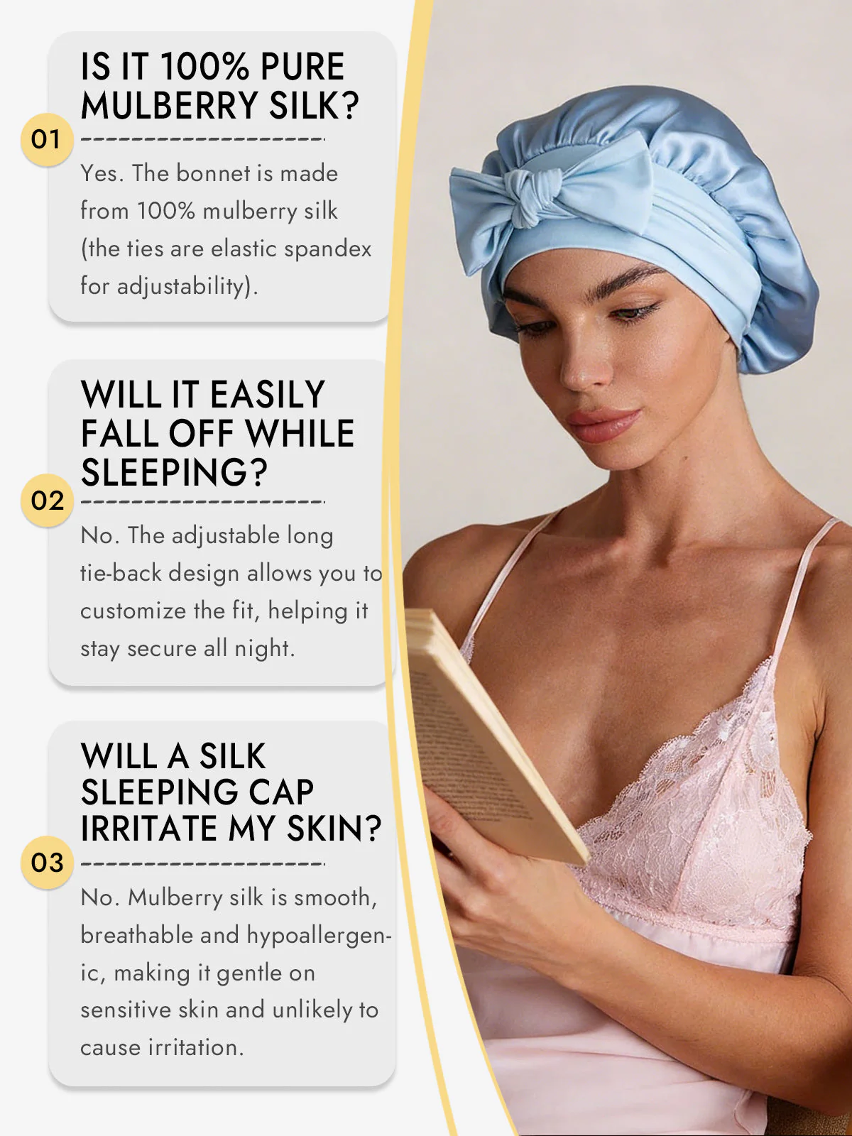 100% Mulberry Silk Bonnet Bowknot Tie Sleep Cap for Hair Protection - Image 60