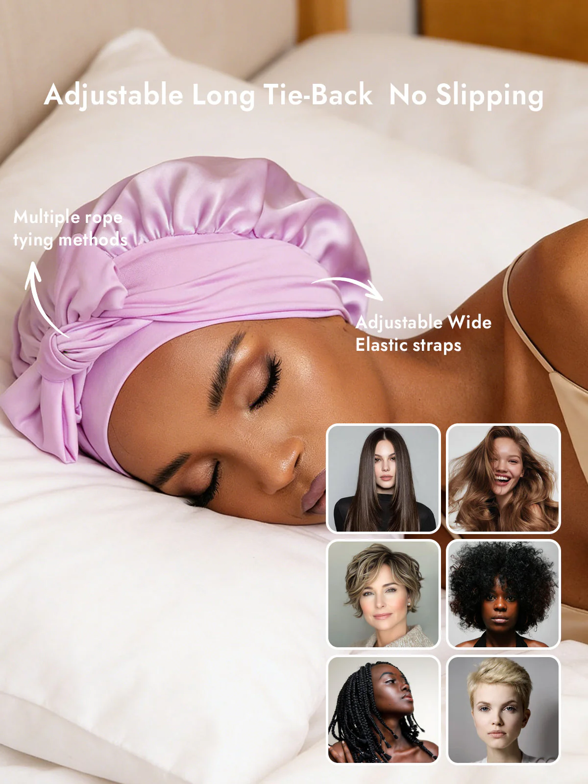 100% Mulberry Silk Bonnet Bowknot Tie Sleep Cap for Hair Protection - Image 64