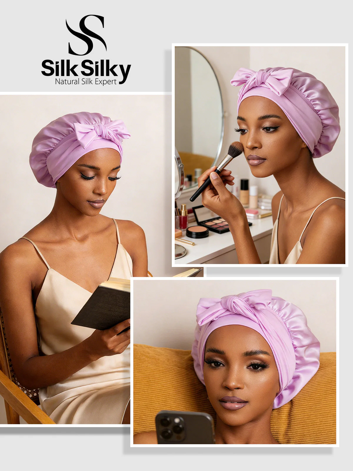 100% Mulberry Silk Bonnet Bowknot Tie Sleep Cap for Hair Protection - Image 65