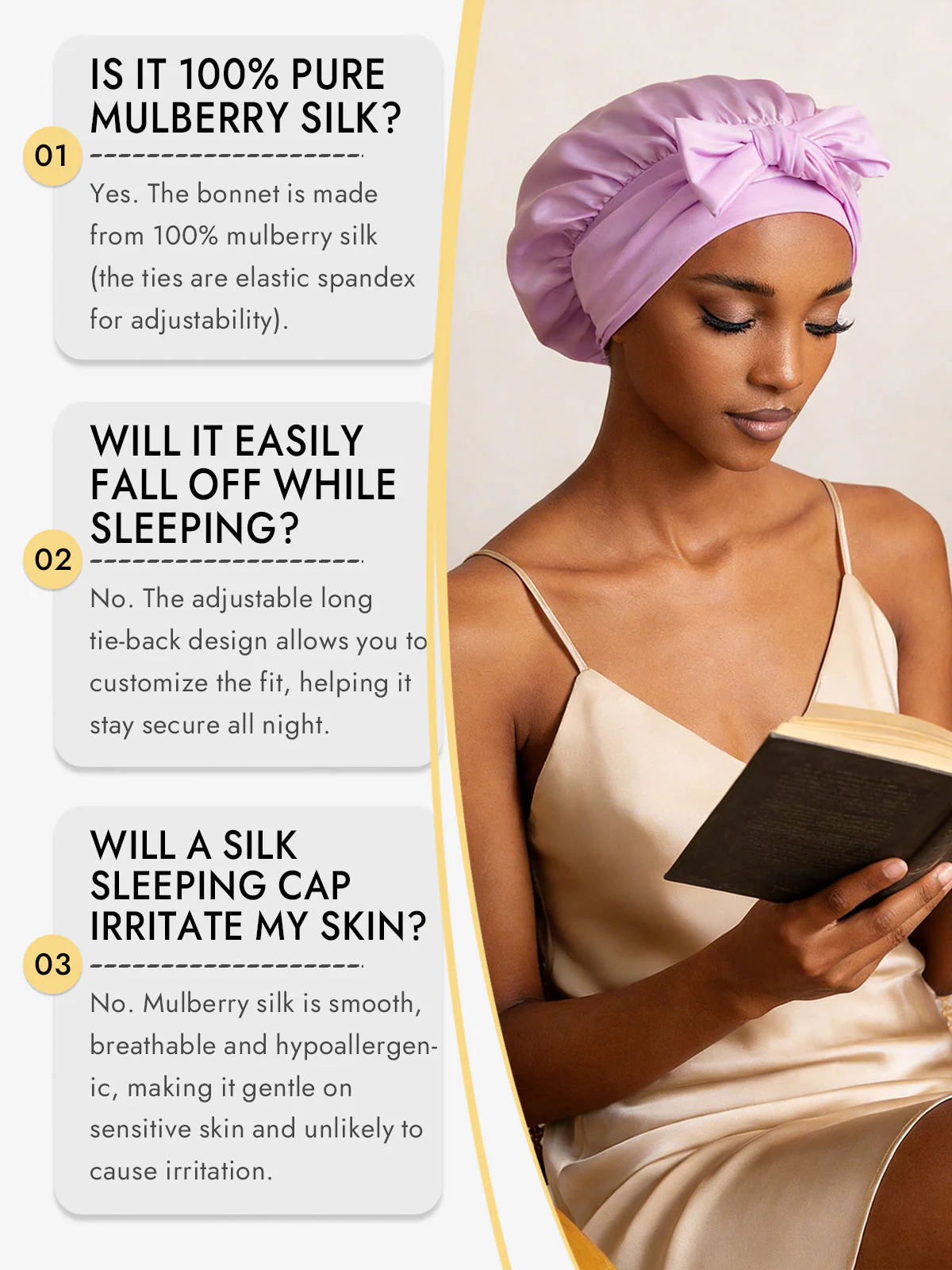100% Mulberry Silk Bonnet Bowknot Tie Sleep Cap for Hair Protection - Image 66