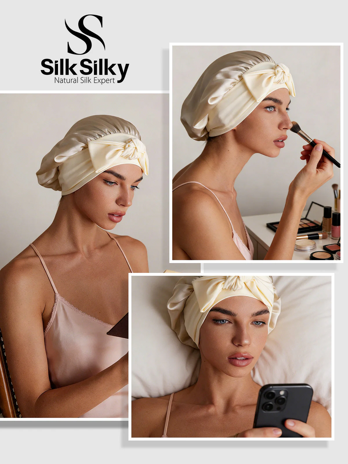 100% Mulberry Silk Bonnet Bowknot Tie Sleep Cap for Hair Protection - Image 71