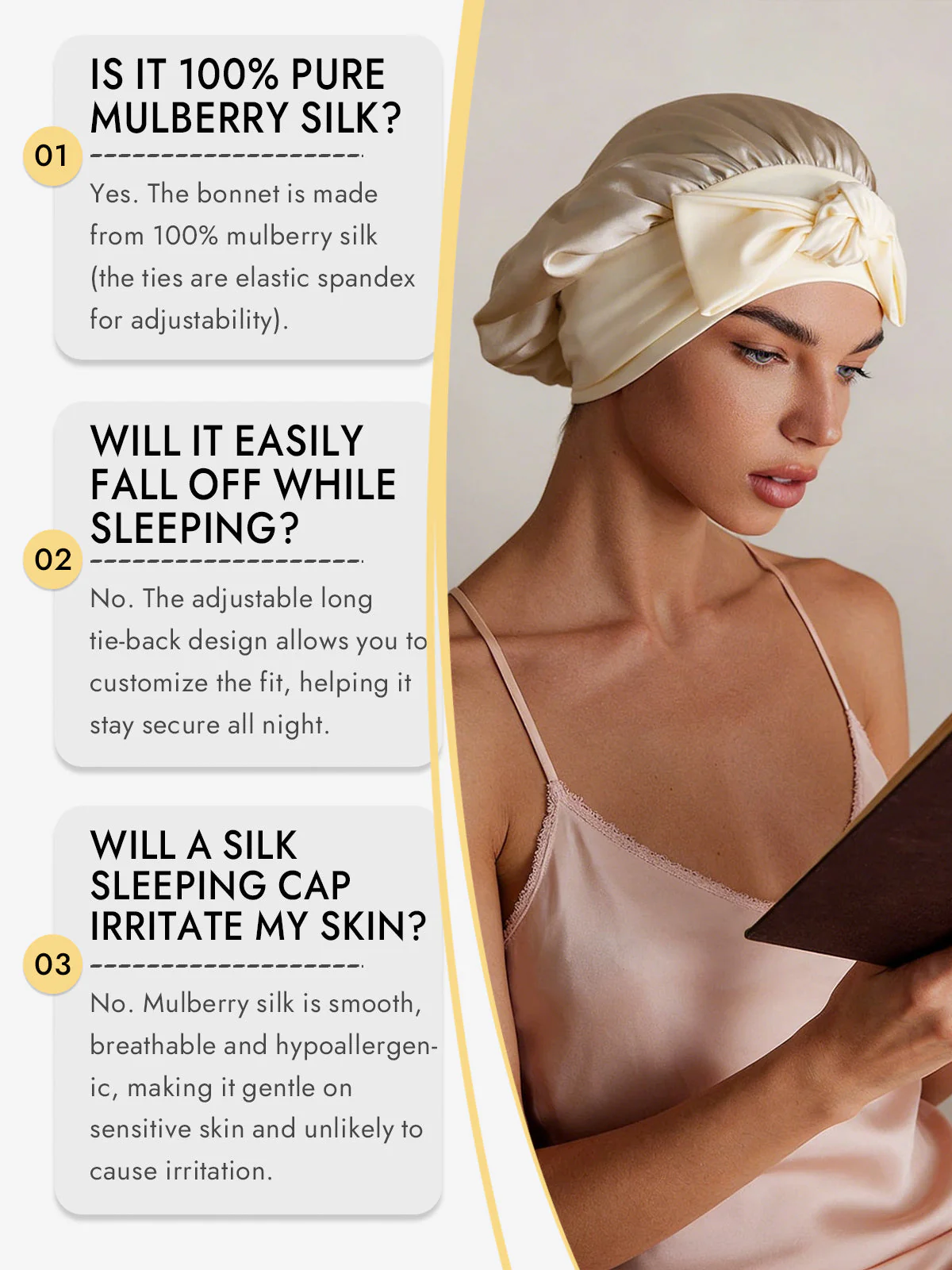 100% Mulberry Silk Bonnet Bowknot Tie Sleep Cap for Hair Protection - Image 72