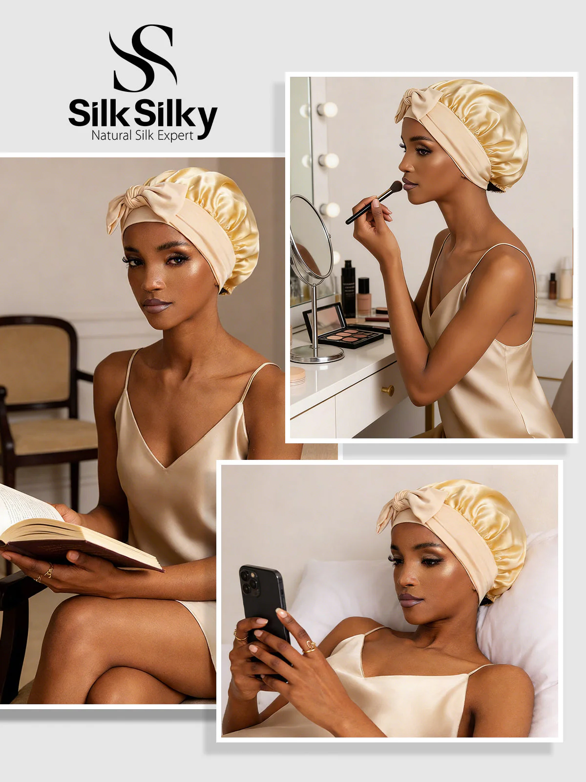 100% Mulberry Silk Bonnet Bowknot Tie Sleep Cap for Hair Protection - Image 77