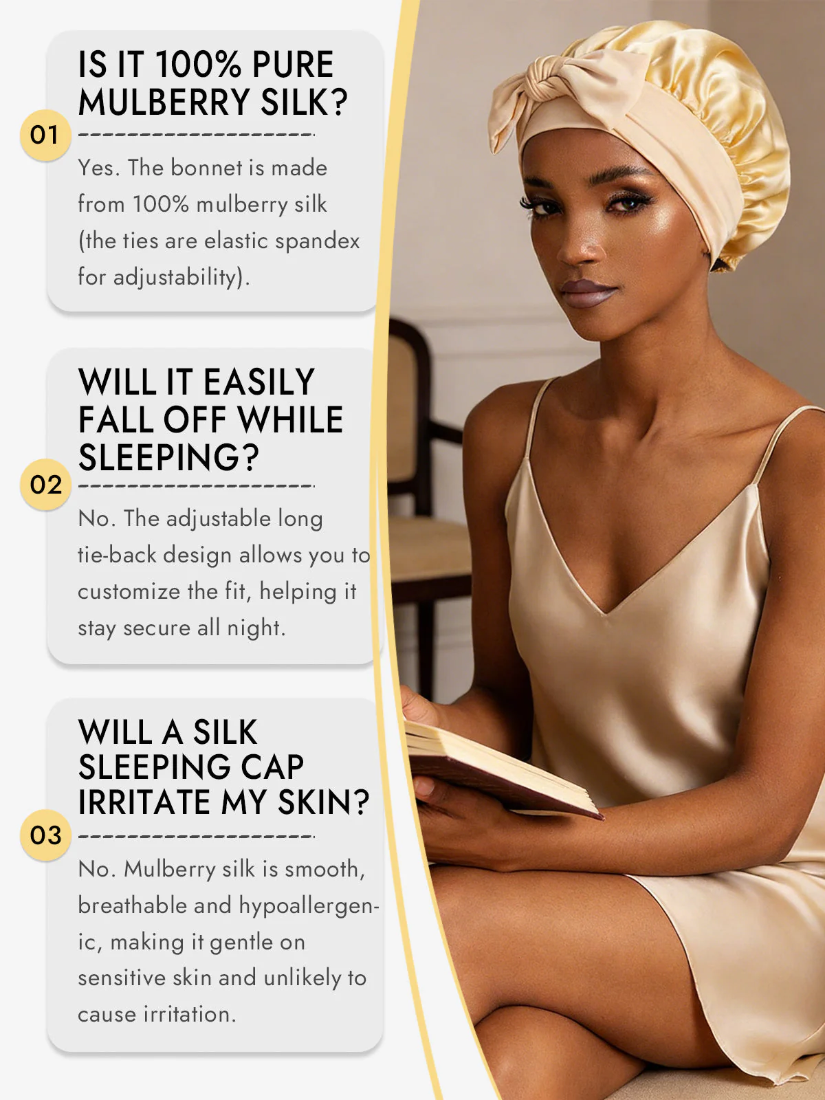 100% Mulberry Silk Bonnet Bowknot Tie Sleep Cap for Hair Protection - Image 78