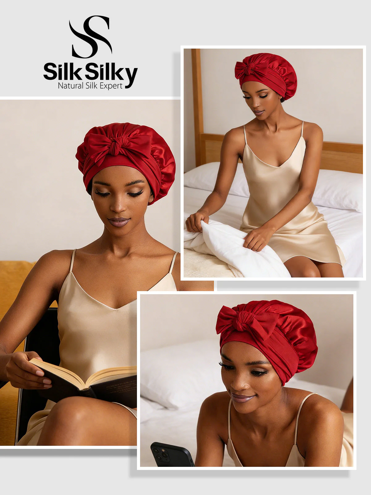 100% Mulberry Silk Bonnet Bowknot Tie Sleep Cap for Hair Protection - Image 83