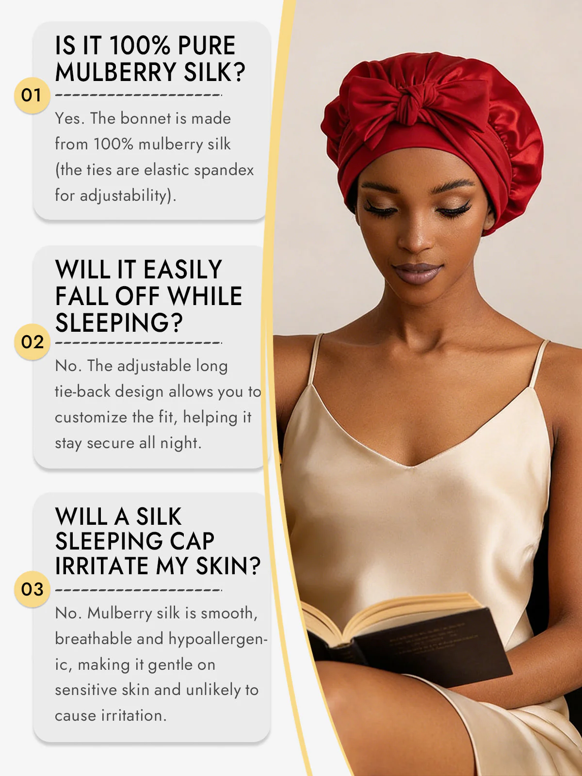 100% Mulberry Silk Bonnet Bowknot Tie Sleep Cap for Hair Protection - Image 84