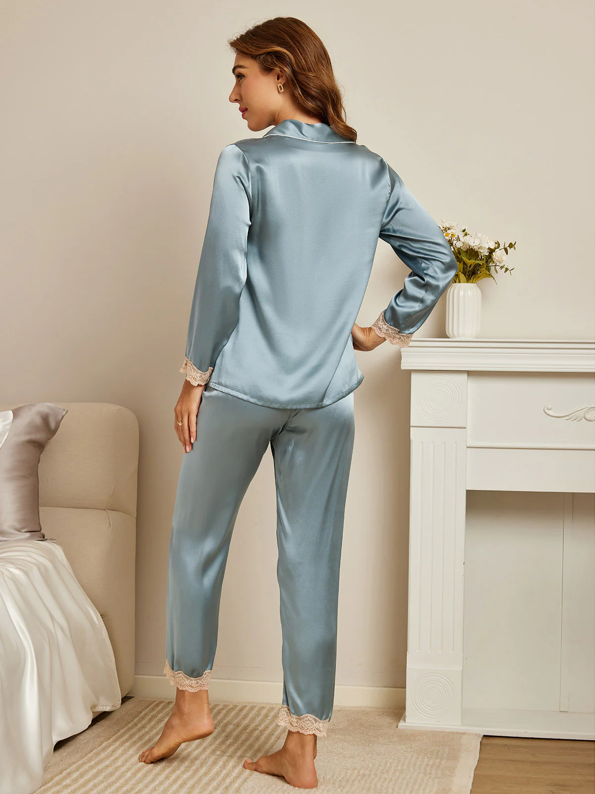 Pure Silk Casual Button Up Womens Pajamas 2Pcs - Image 4