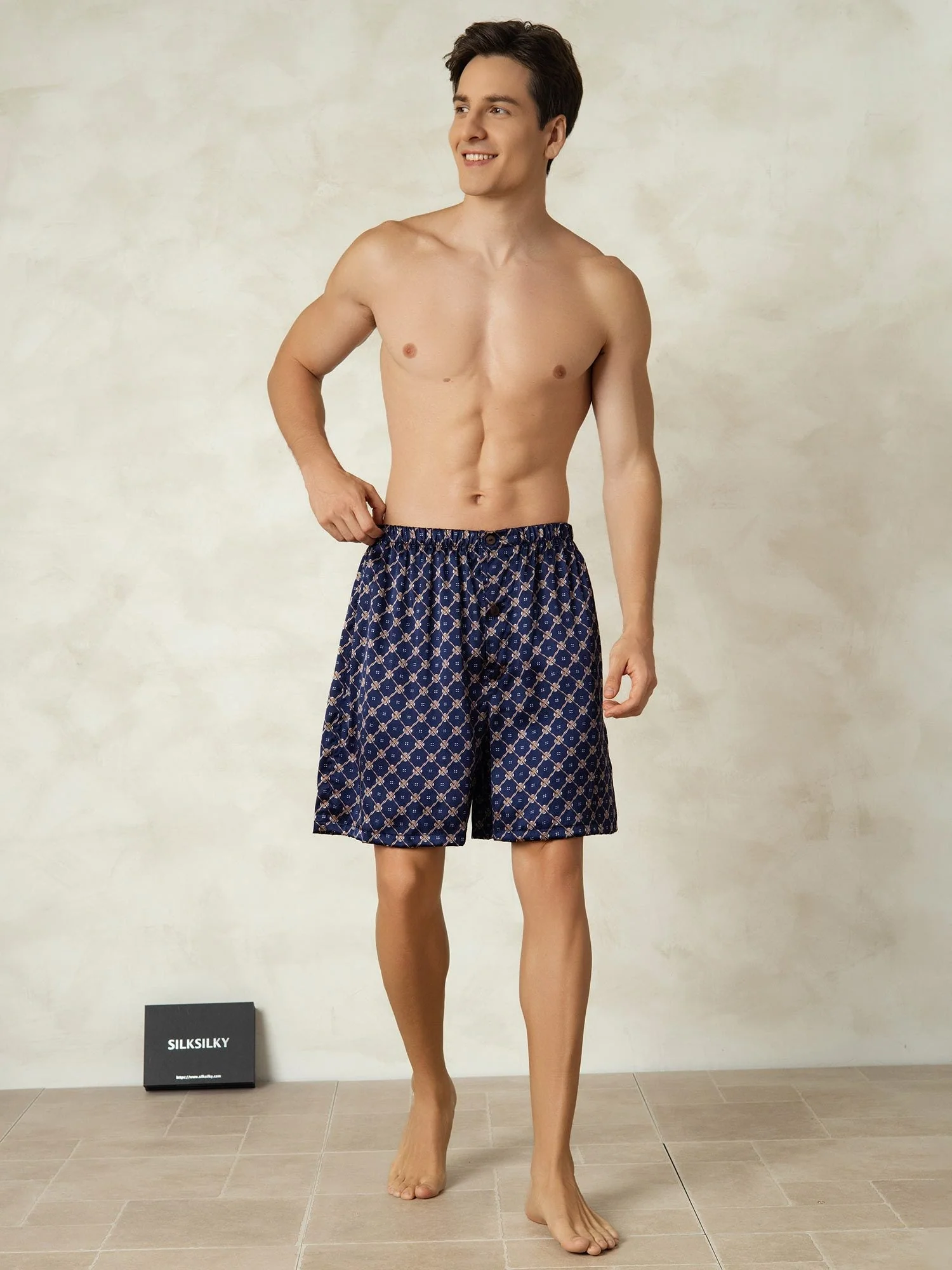 Pure Silk Elastic Waist Navy Chain Print Men's Sleep Shorts - Image 3