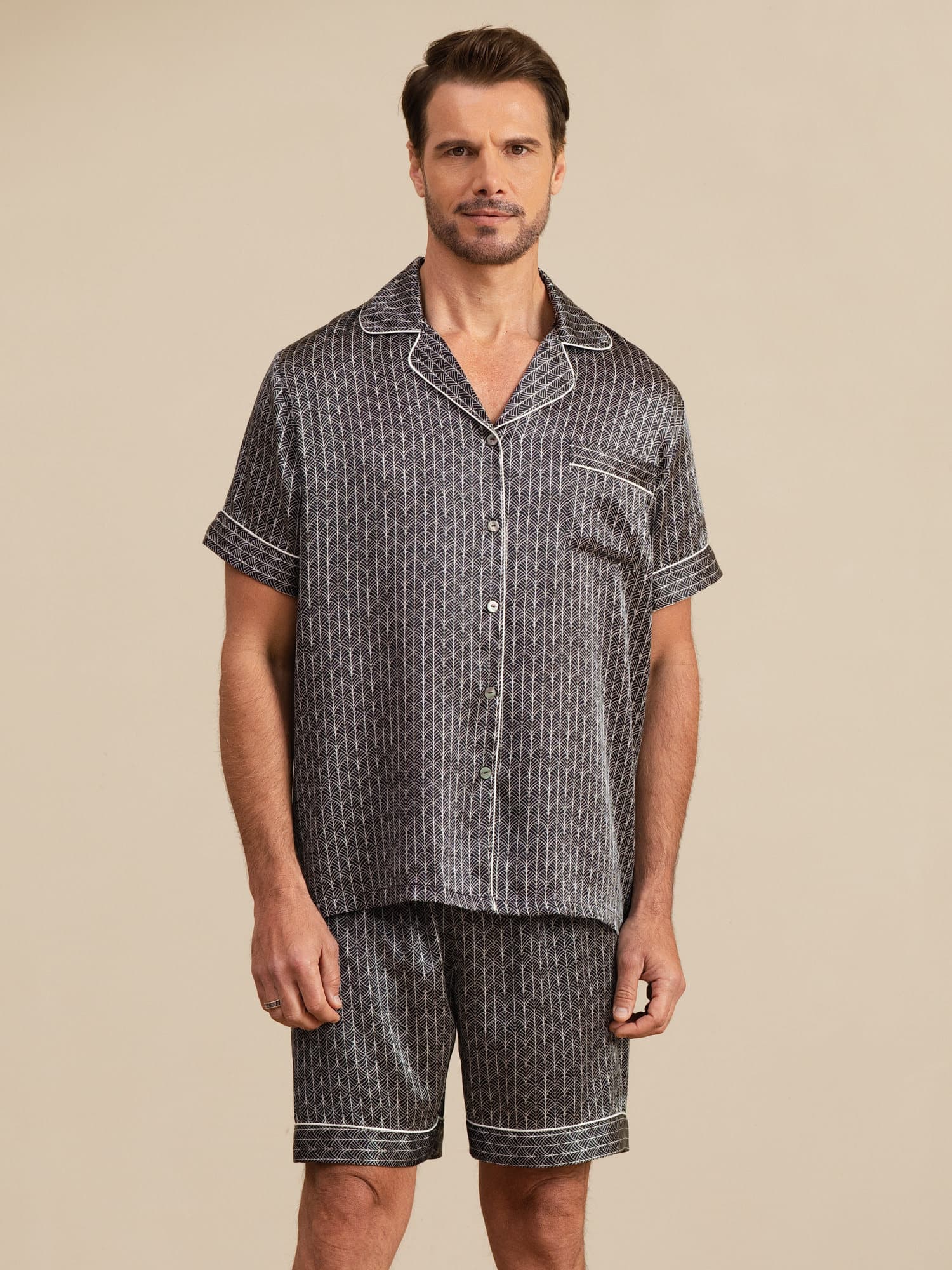 Men's Pure Silk Navy Ginkgo Print Short Sleeve Notch Collar Pajamas Set - Image 14
