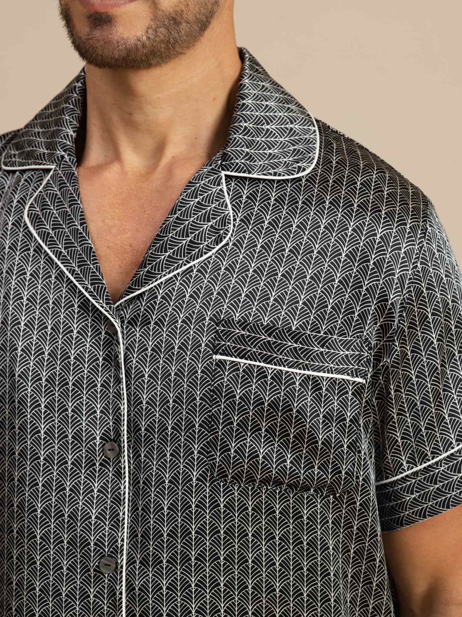 Men's Pure Silk Navy Ginkgo Print Short Sleeve Notch Collar Pajamas Set - Image 16