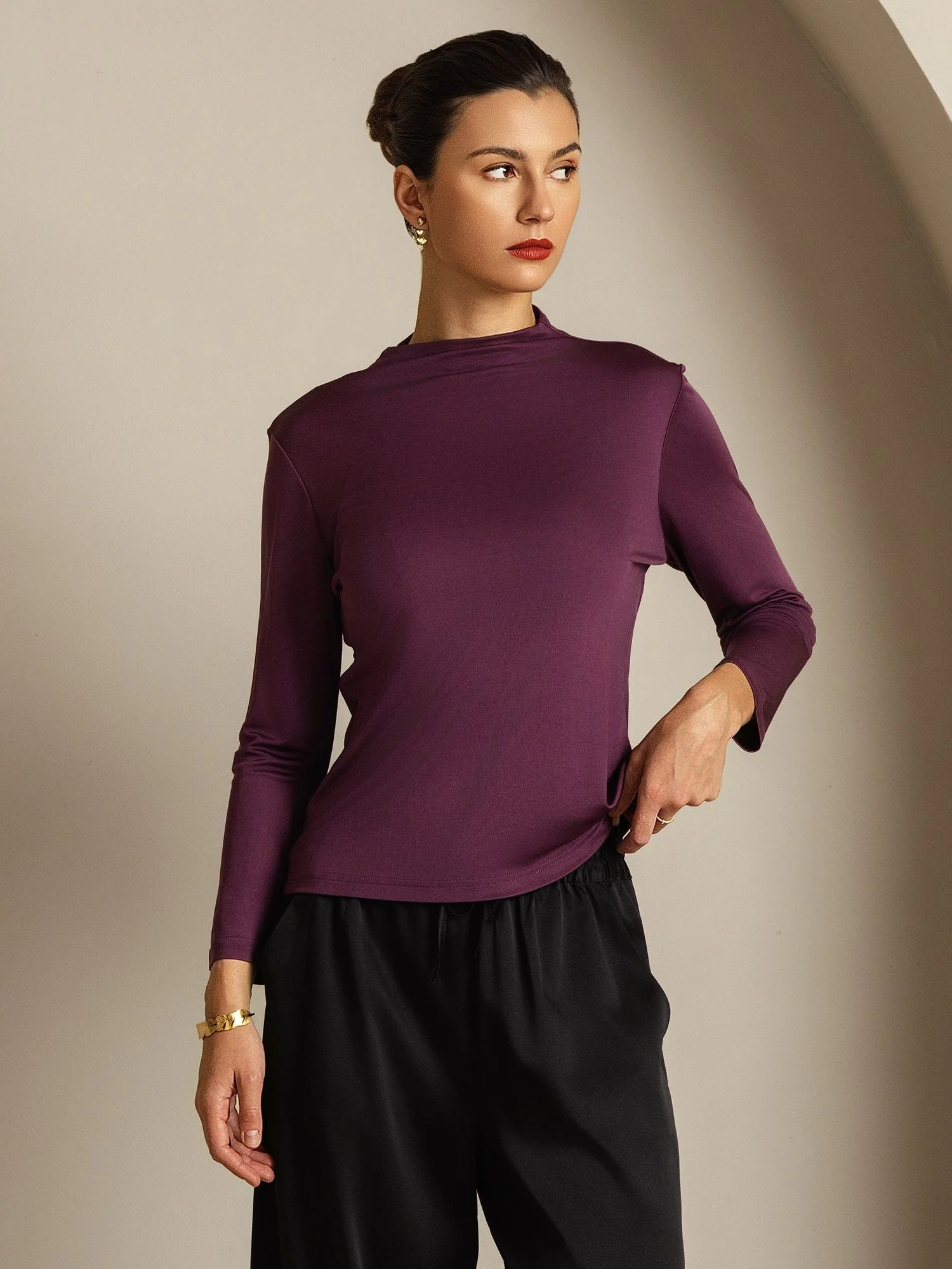 Women's Pure Silk Long Sleeve Mock Top - Image 9