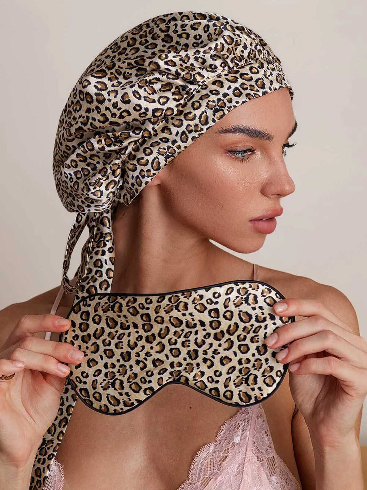 Pure Silk Leopard Pattern Bonnet+Eye Mask Set - Image 5