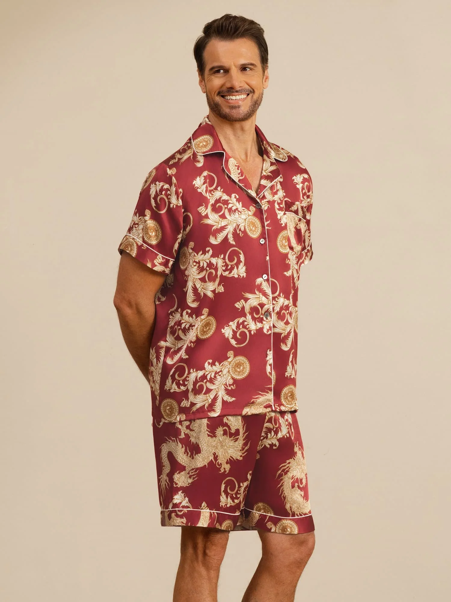 Pure Silk Men's Dragon Print  Short Sleeve Notch Collar Pajamas Set - Image 10