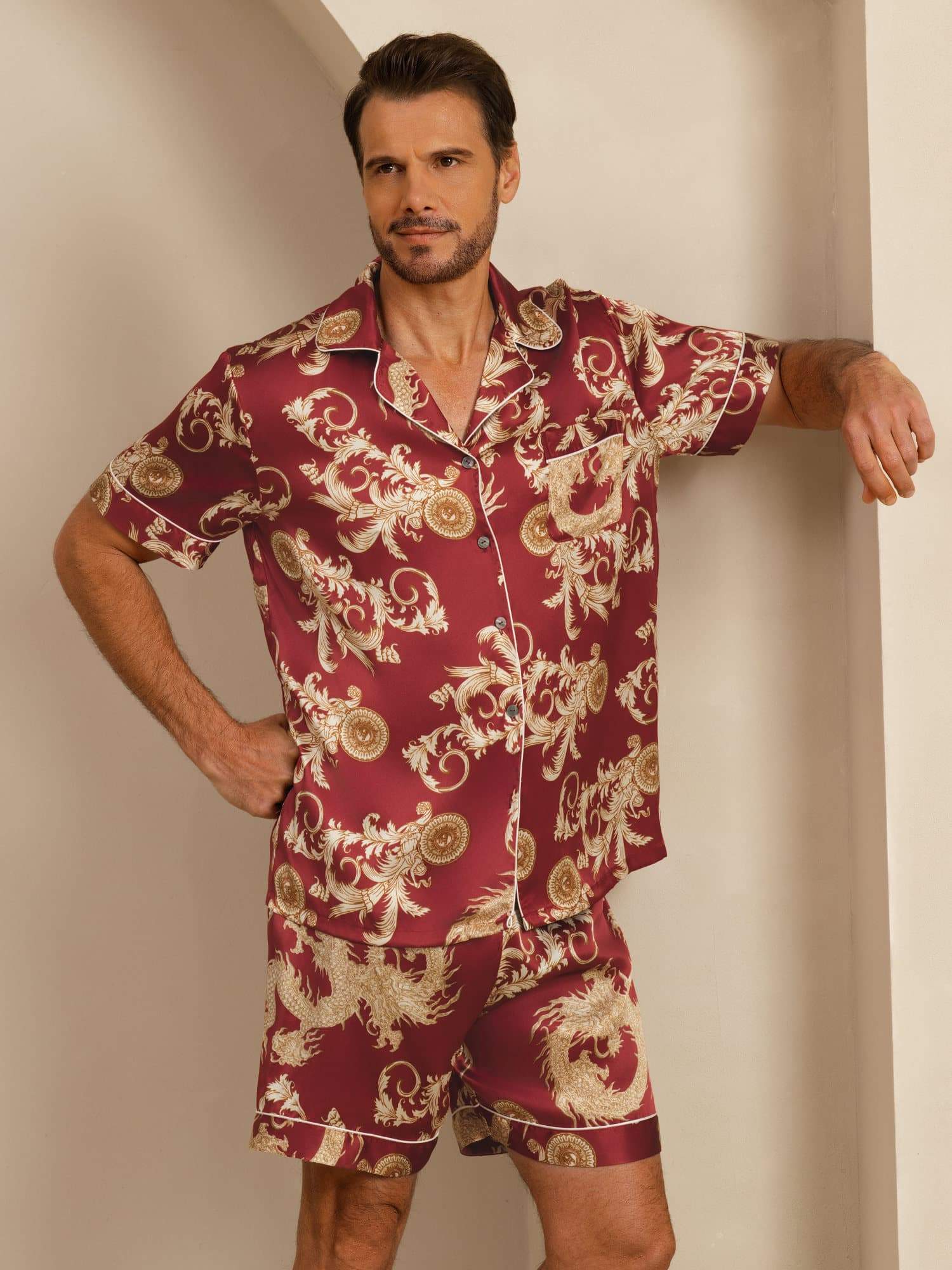 Pure Silk Men's Dragon Print  Short Sleeve Notch Collar Pajamas Set - Image 11
