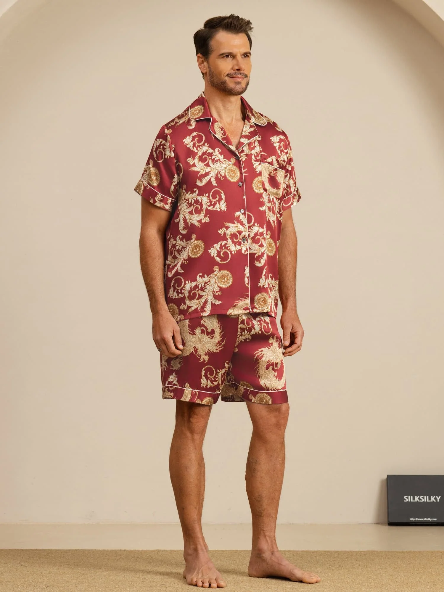 Pure Silk Men's Dragon Print  Short Sleeve Notch Collar Pajamas Set - Image 13