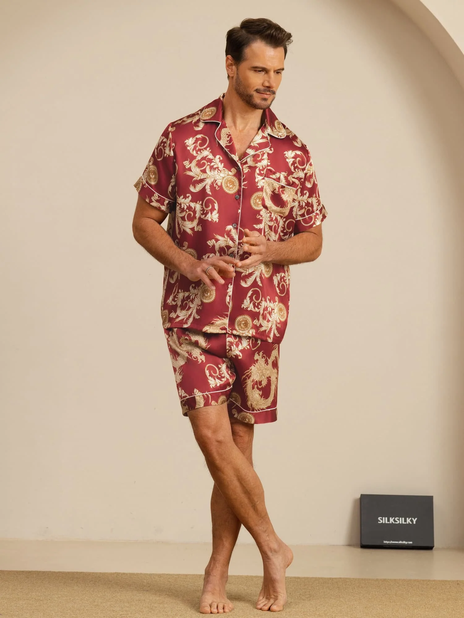 Pure Silk Men's Dragon Print  Short Sleeve Notch Collar Pajamas Set - Image 14
