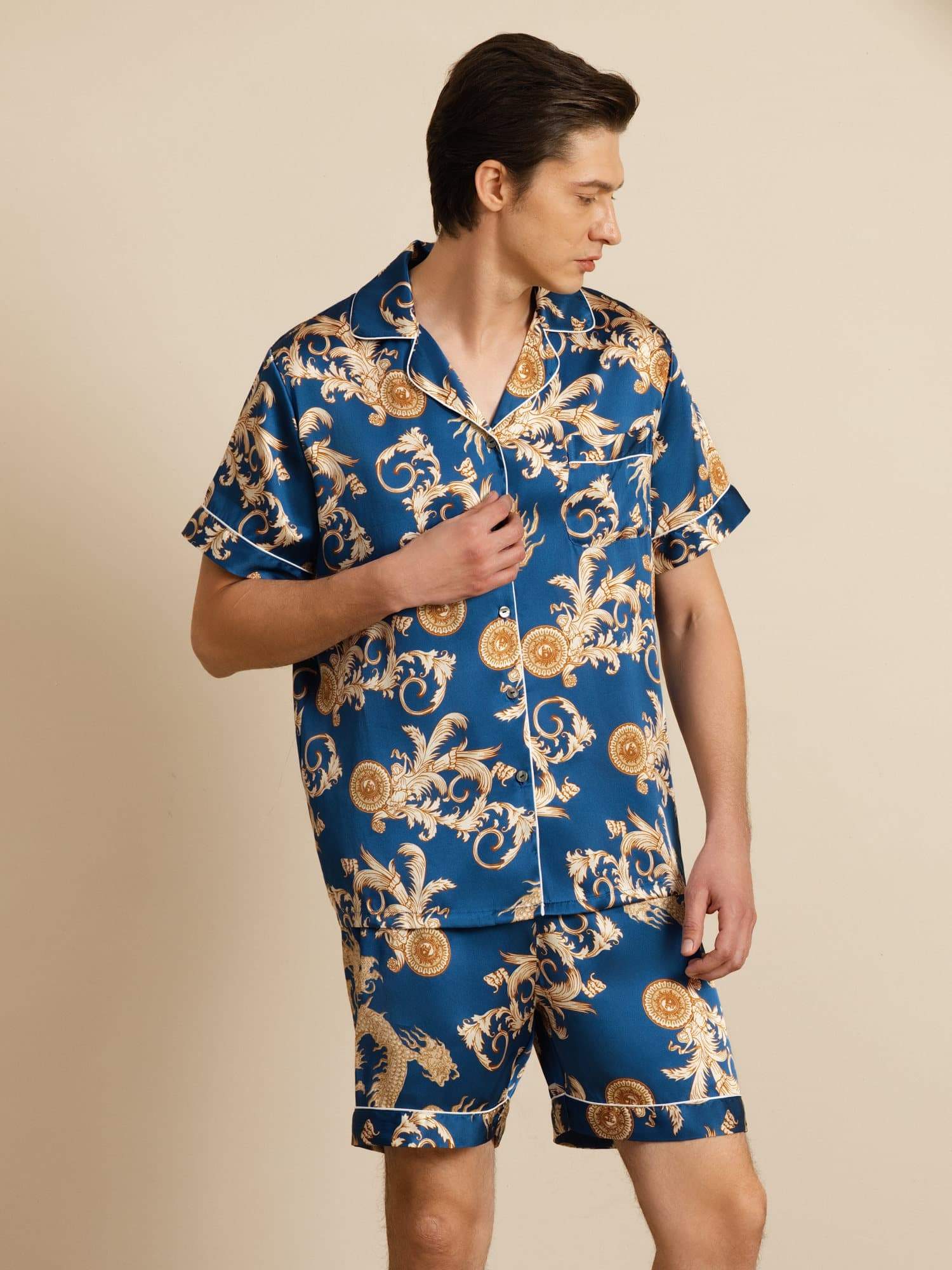 Pure Silk Men's Dragon Print  Short Sleeve Notch Collar Pajamas Set - Image 15