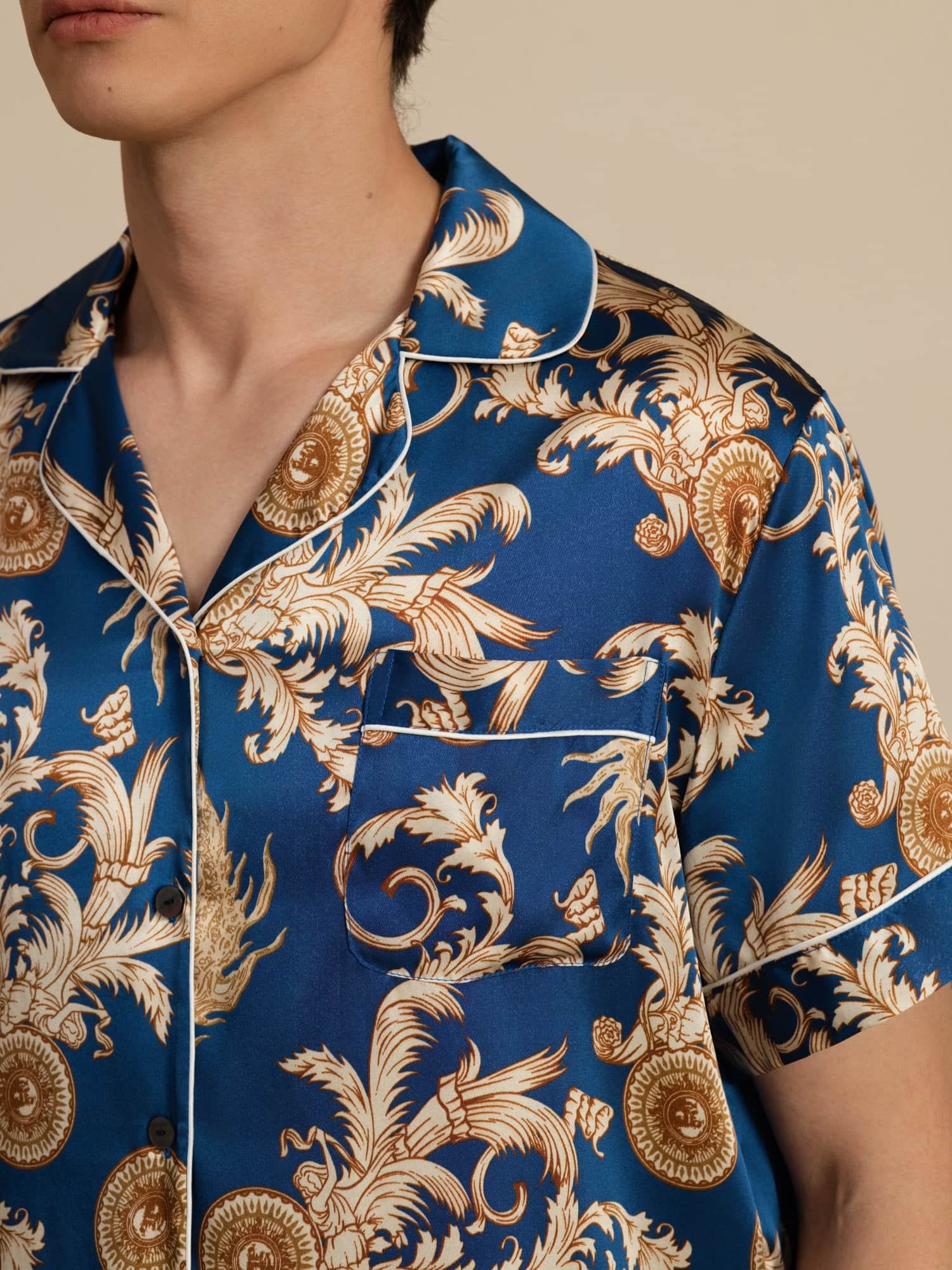 Pure Silk Men's Dragon Print  Short Sleeve Notch Collar Pajamas Set - Image 16
