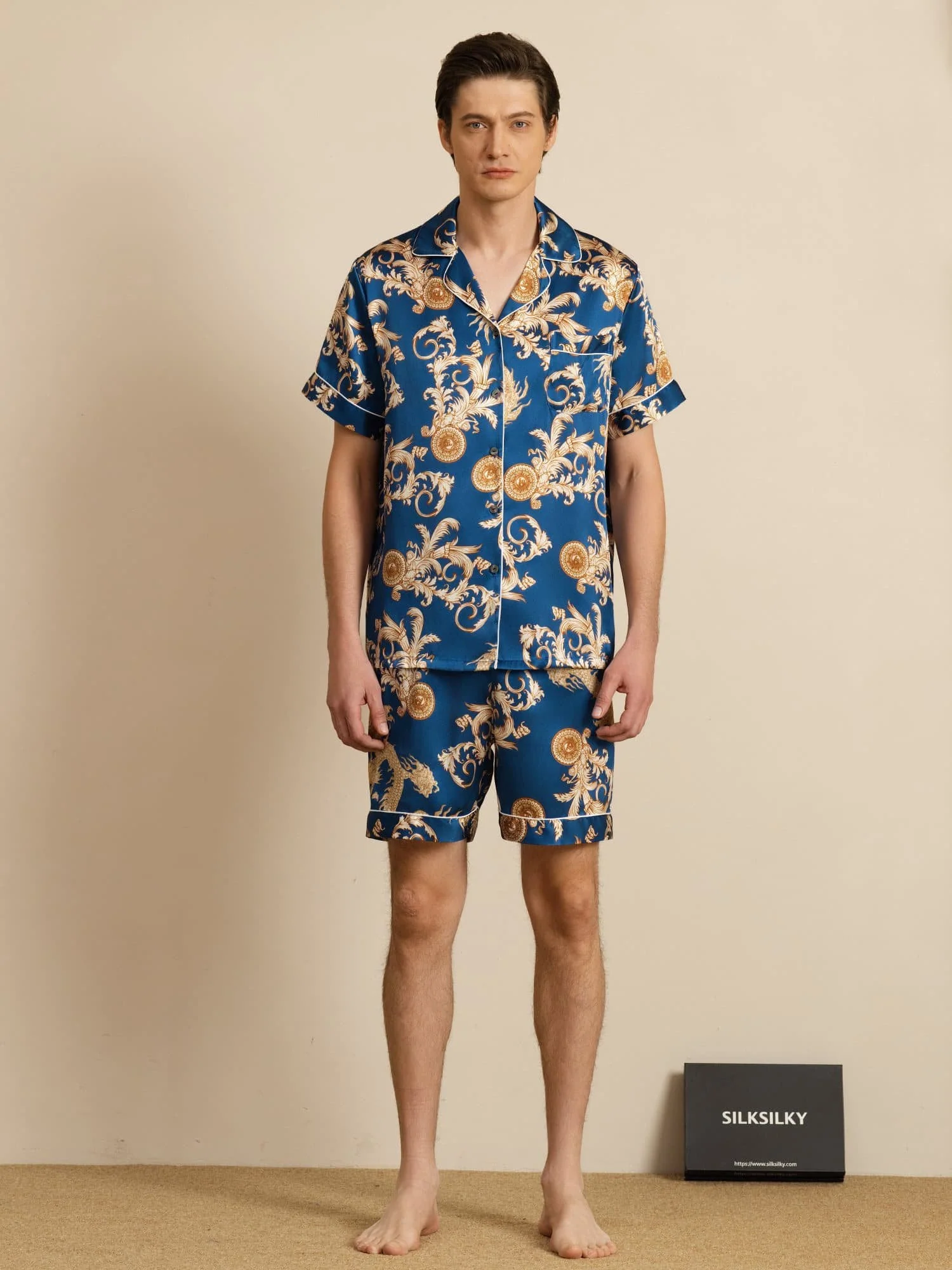 Pure Silk Men's Dragon Print  Short Sleeve Notch Collar Pajamas Set - Image 17