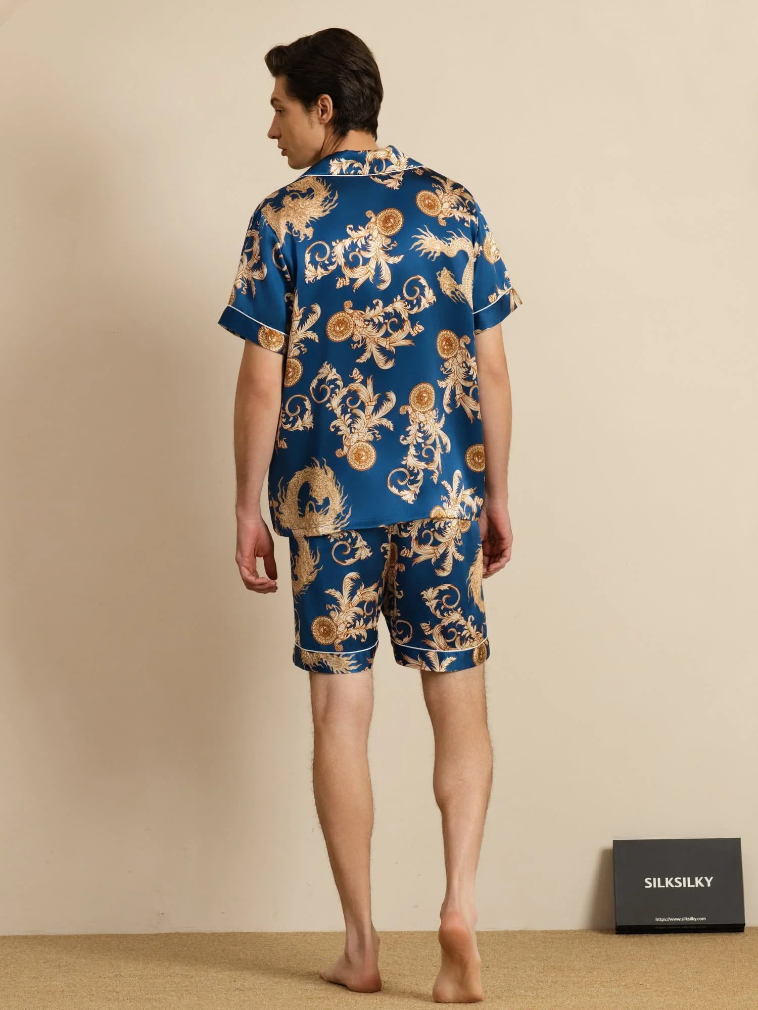 Pure Silk Men's Dragon Print  Short Sleeve Notch Collar Pajamas Set - Image 18