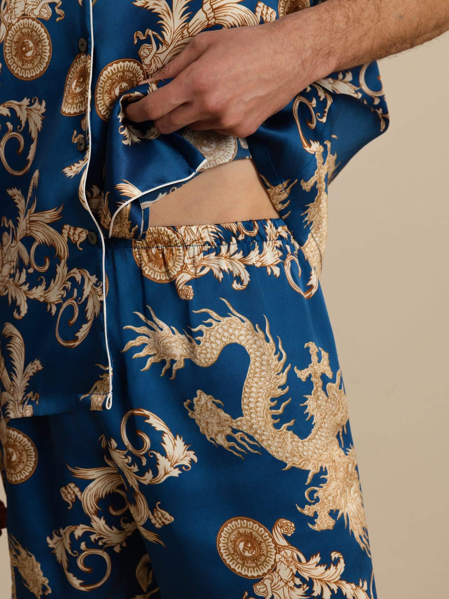 Pure Silk Men's Dragon Print  Short Sleeve Notch Collar Pajamas Set - Image 19