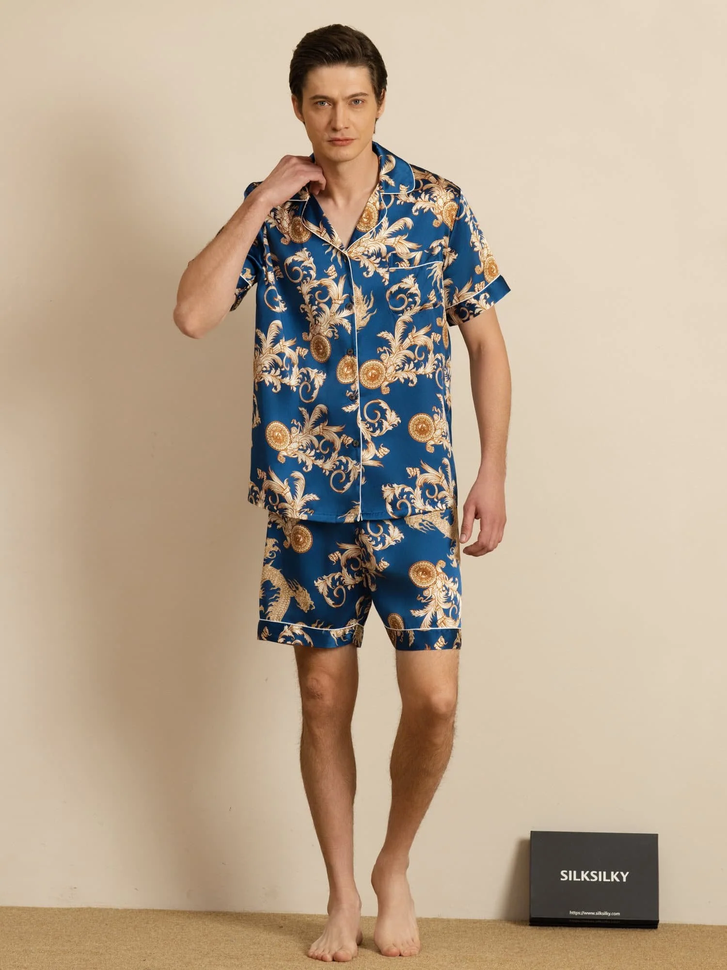 Pure Silk Men's Dragon Print  Short Sleeve Notch Collar Pajamas Set - Image 20