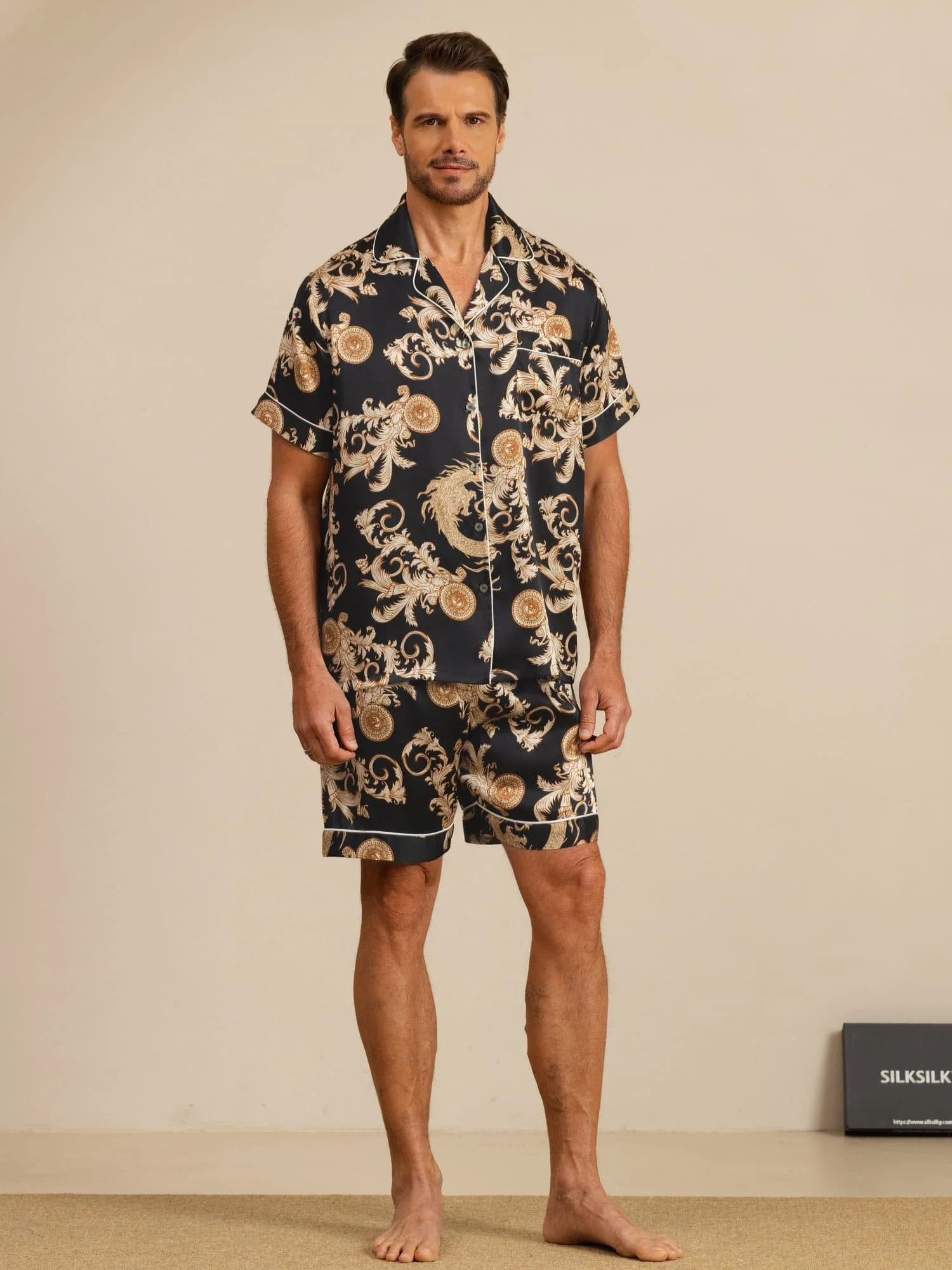 Pure Silk Men's Dragon Print  Short Sleeve Notch Collar Pajamas Set - Image 3