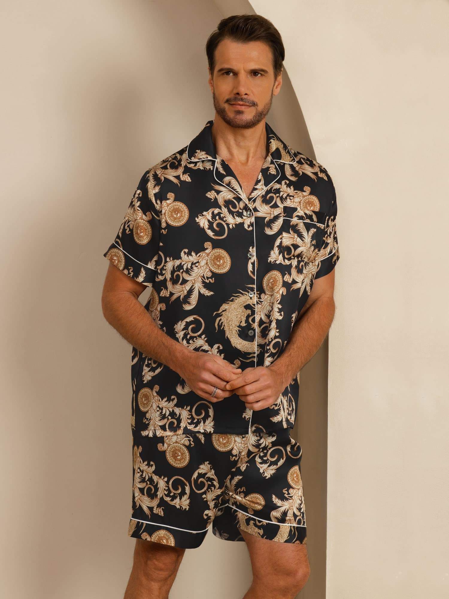 Pure Silk Men's Dragon Print  Short Sleeve Notch Collar Pajamas Set - Image 4
