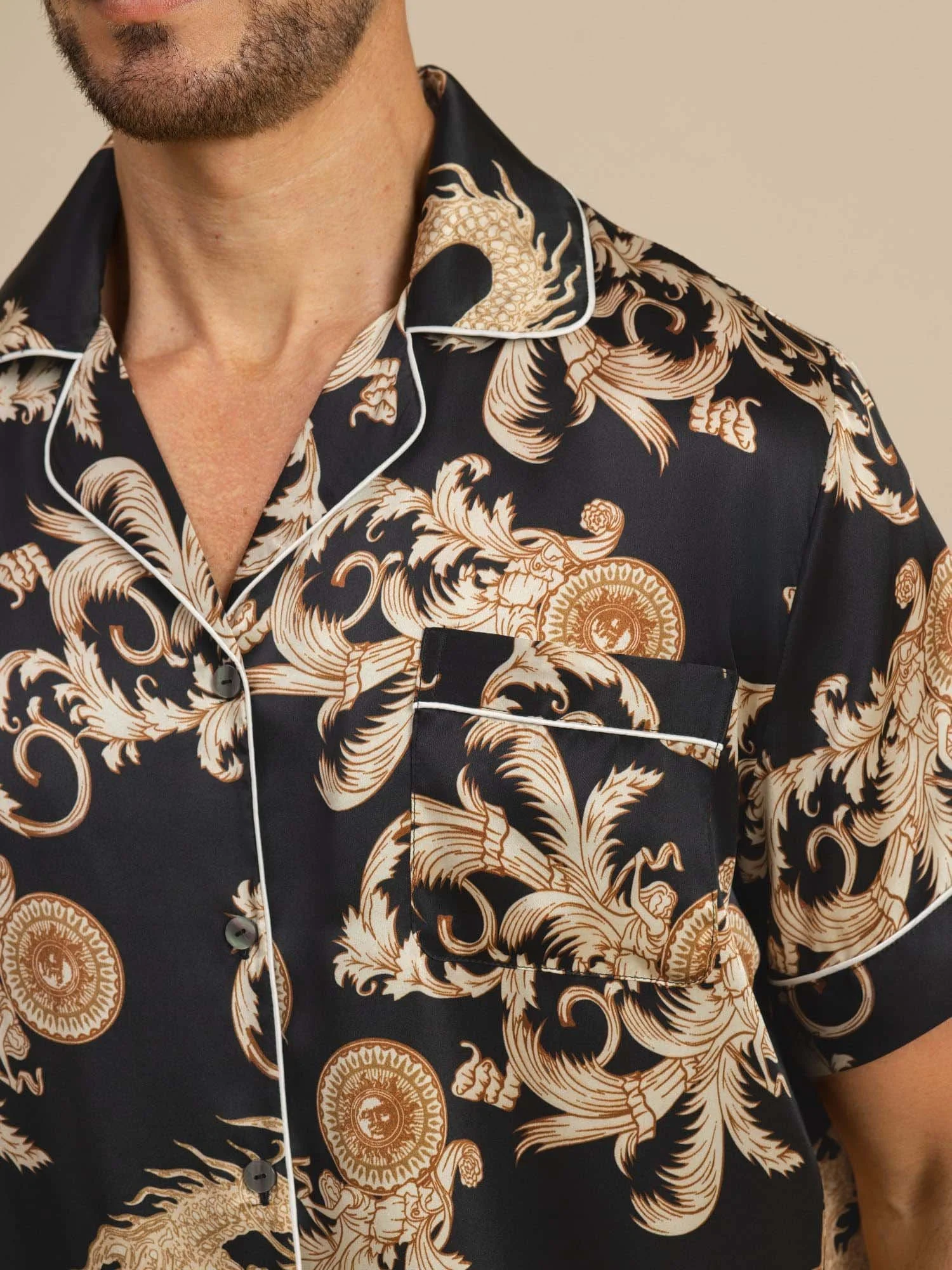 Pure Silk Men's Dragon Print  Short Sleeve Notch Collar Pajamas Set - Image 5