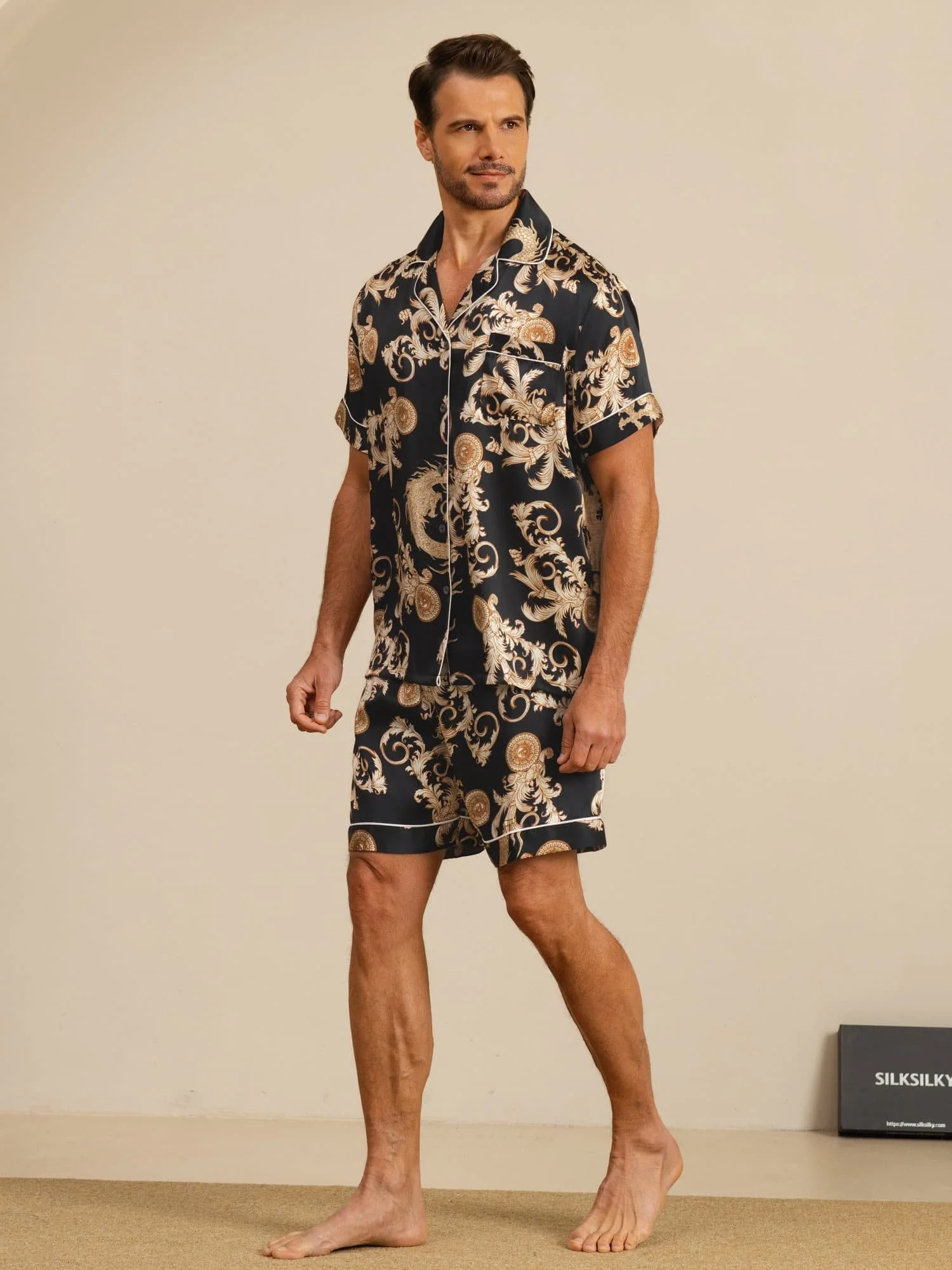 Pure Silk Men's Dragon Print  Short Sleeve Notch Collar Pajamas Set - Image 6