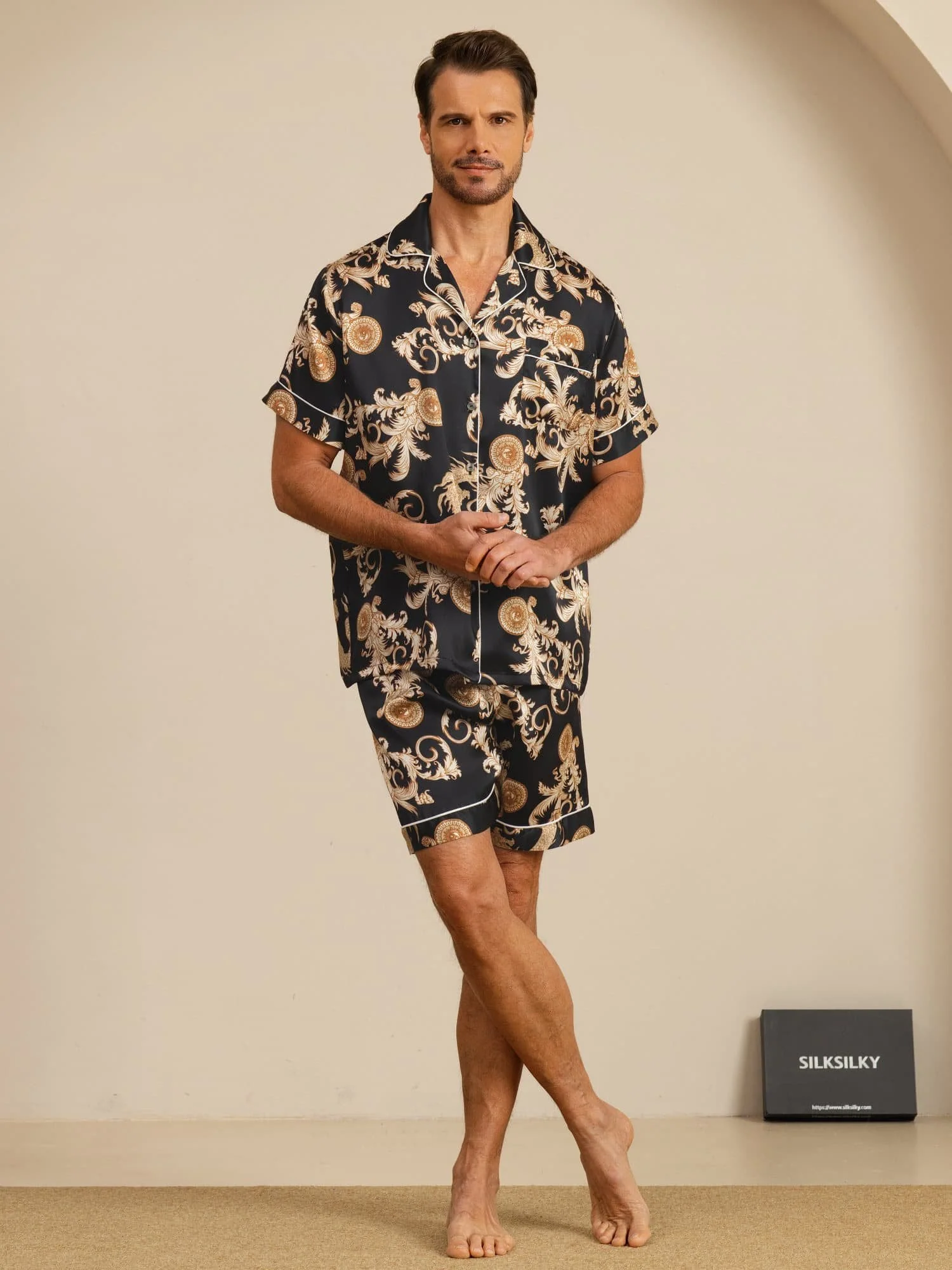 Pure Silk Men's Dragon Print  Short Sleeve Notch Collar Pajamas Set - Image 7