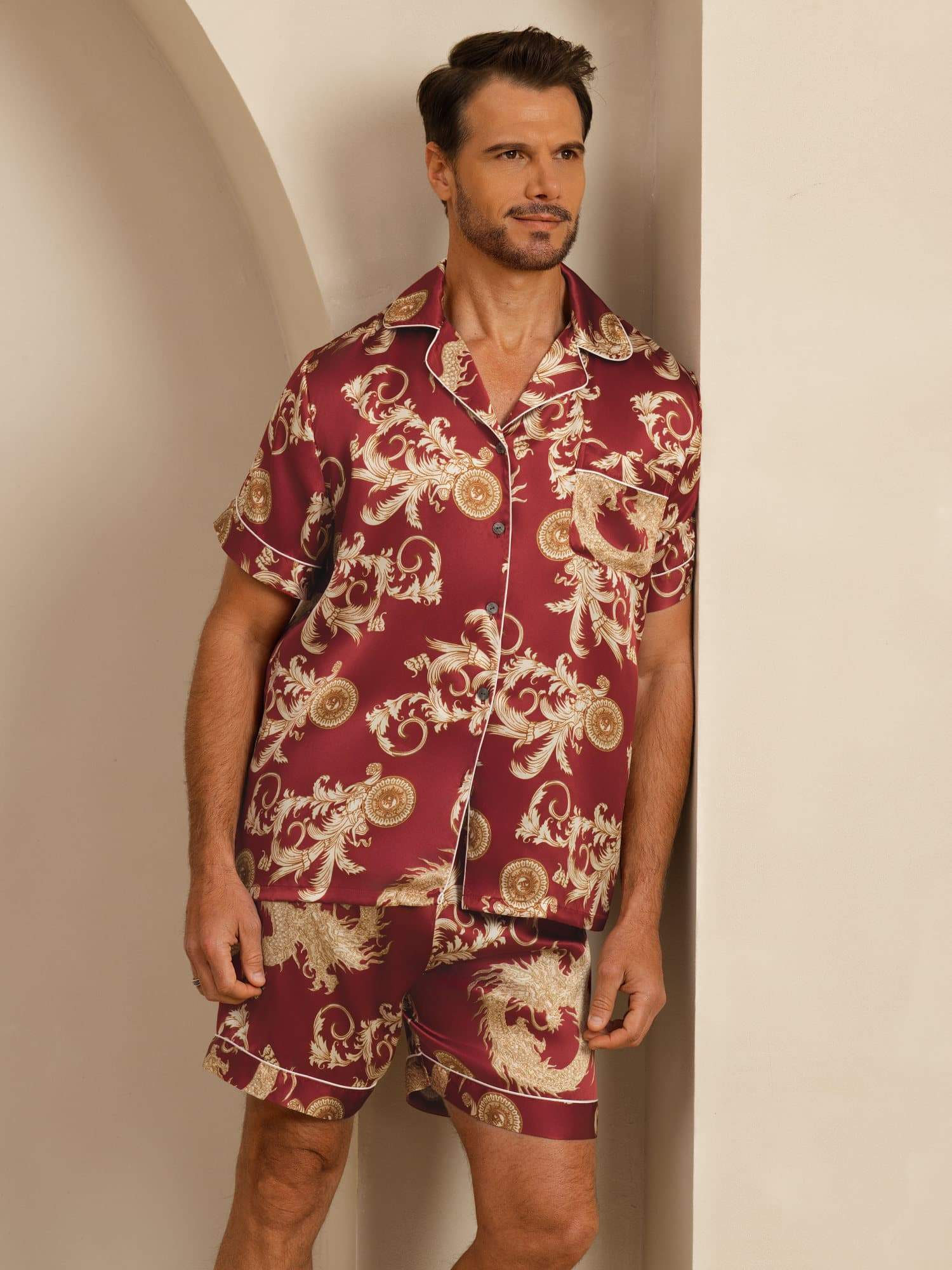 Pure Silk Men's Dragon Print  Short Sleeve Notch Collar Pajamas Set - Image 8